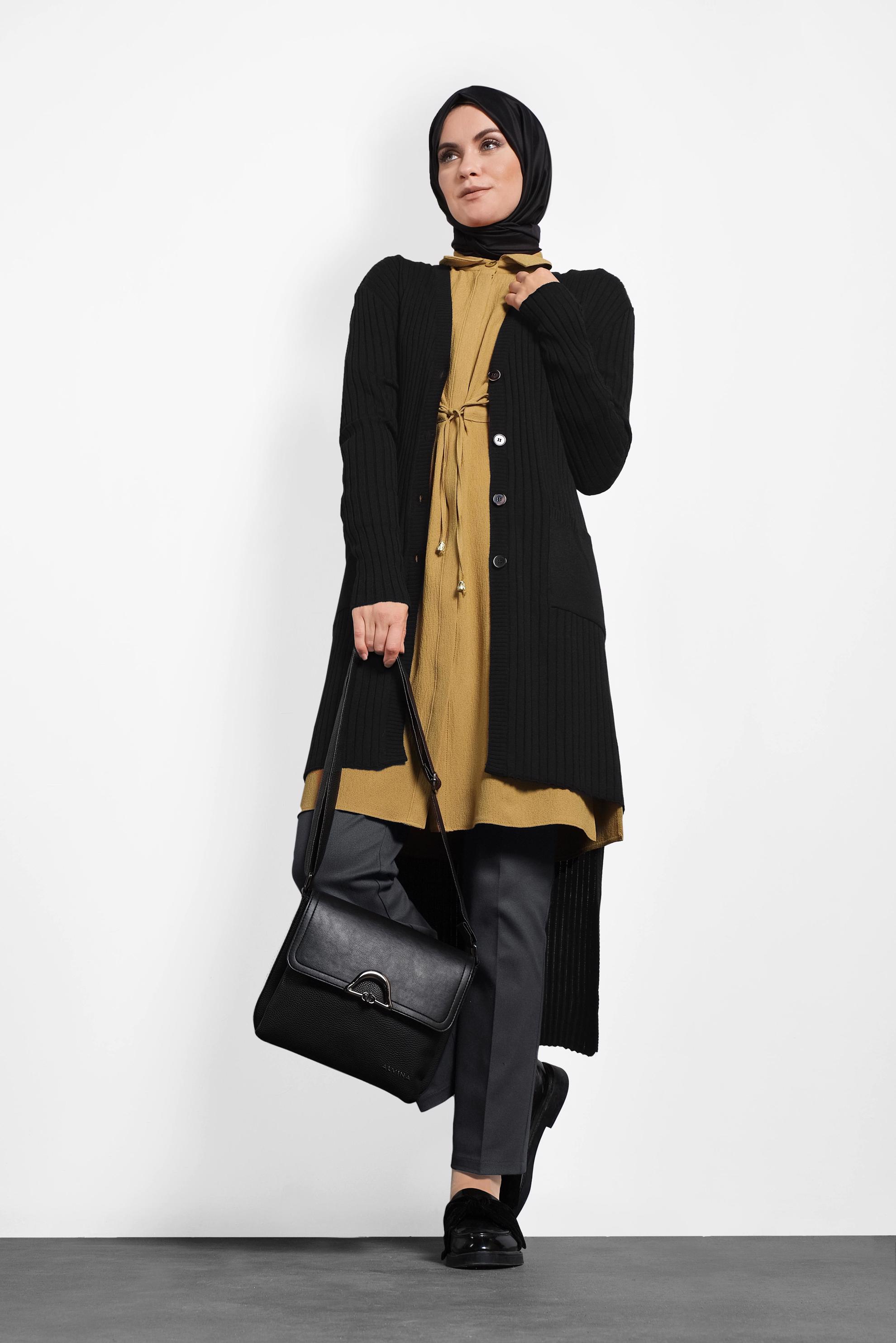 Tesettür giyim SİYAH FİTİLLİ TRİKO CEKET 40049 