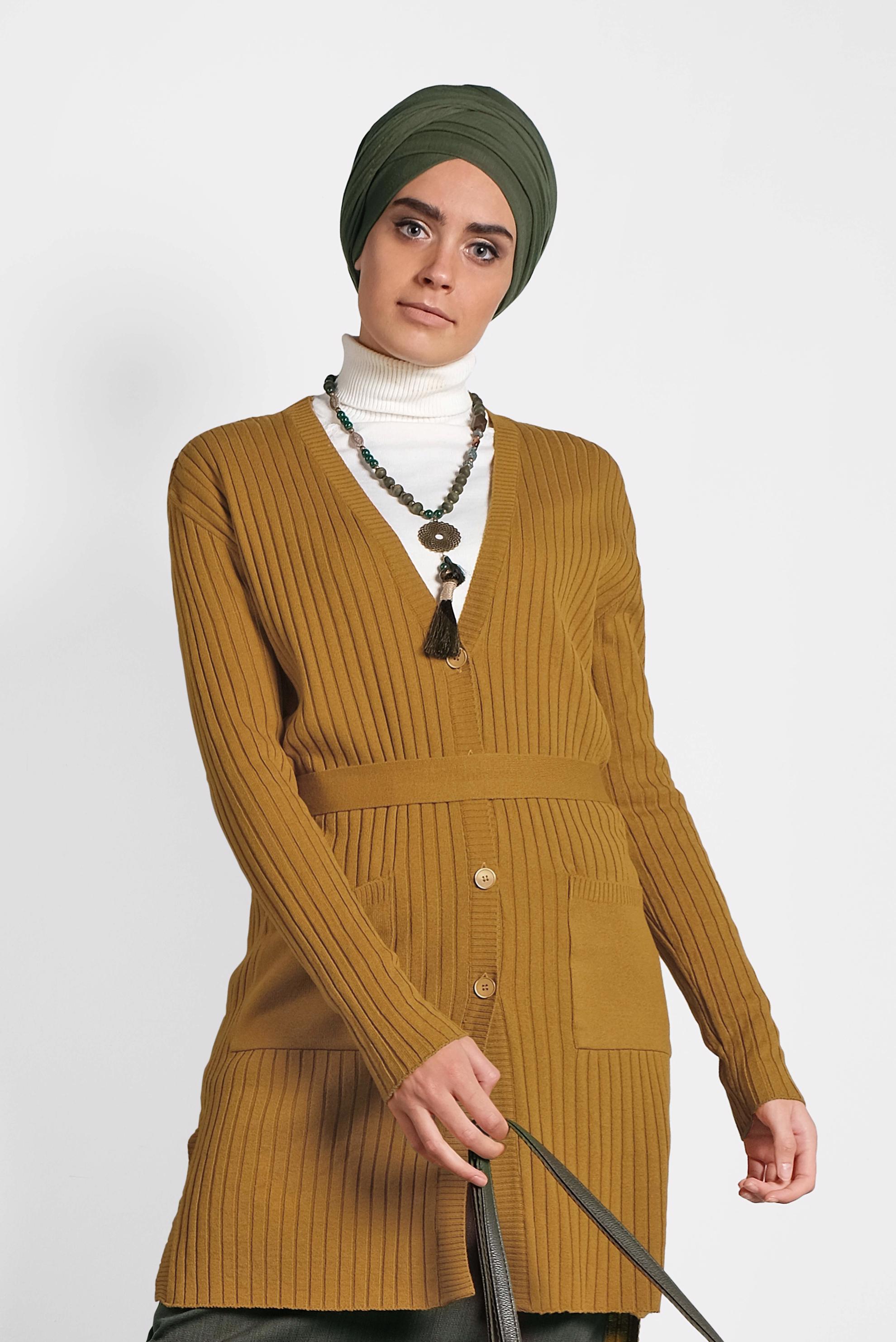 Tesettür giyim SARI FİTİLLİ TRİKO CEKET 40049 