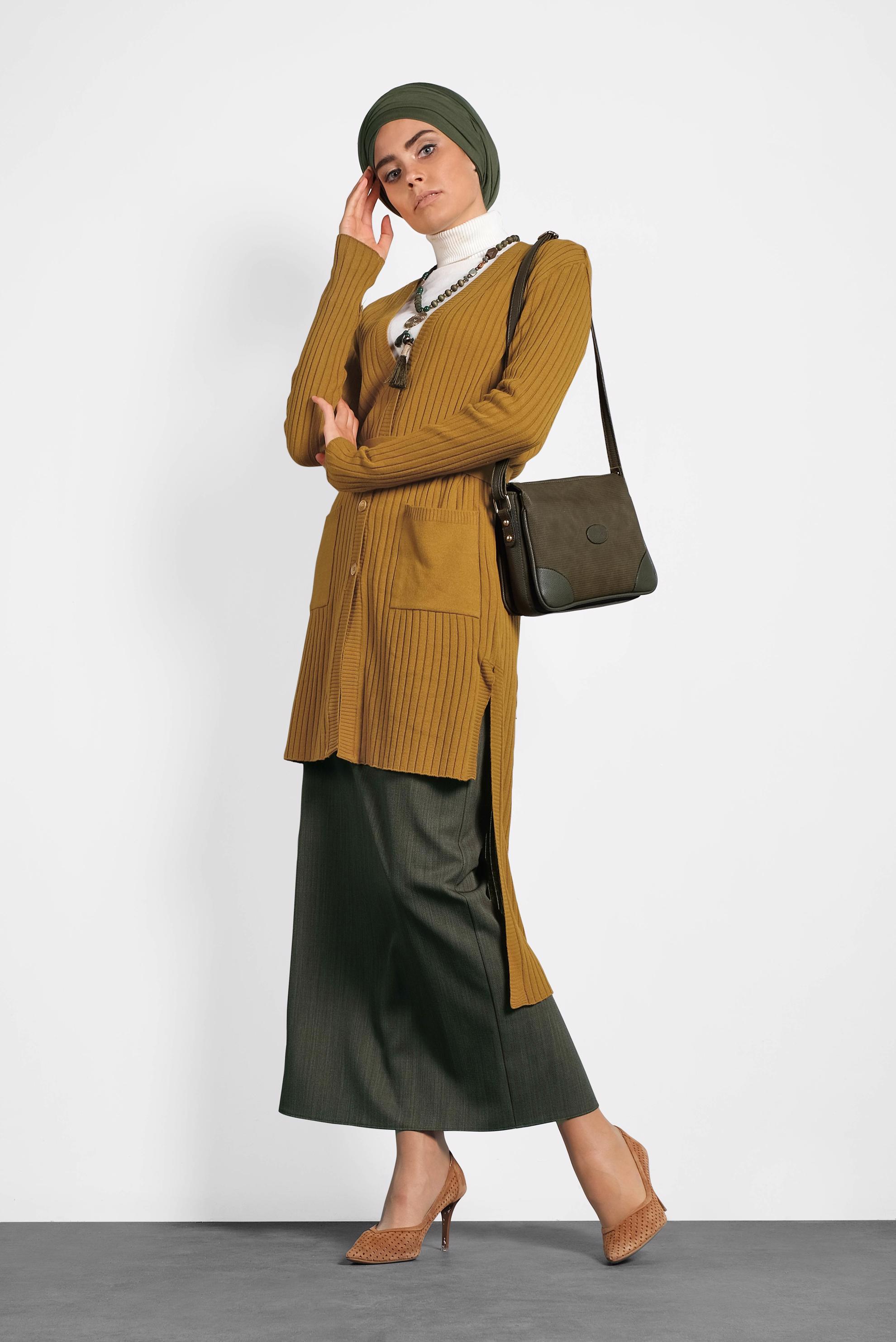 Tesettür giyim SARI FİTİLLİ TRİKO CEKET 40049 