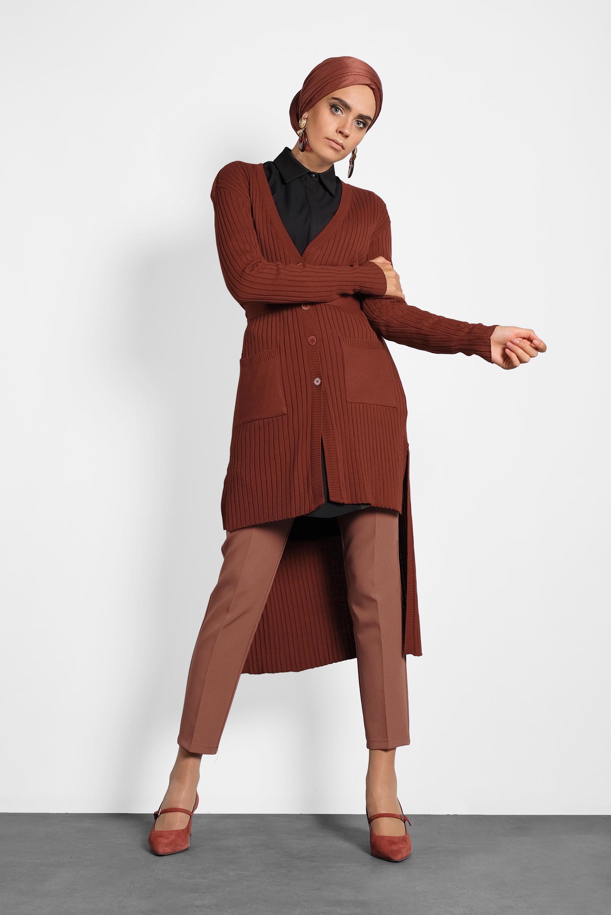 Tesettür giyim TURUNCU FİTİLLİ TRİKO CEKET 40049 