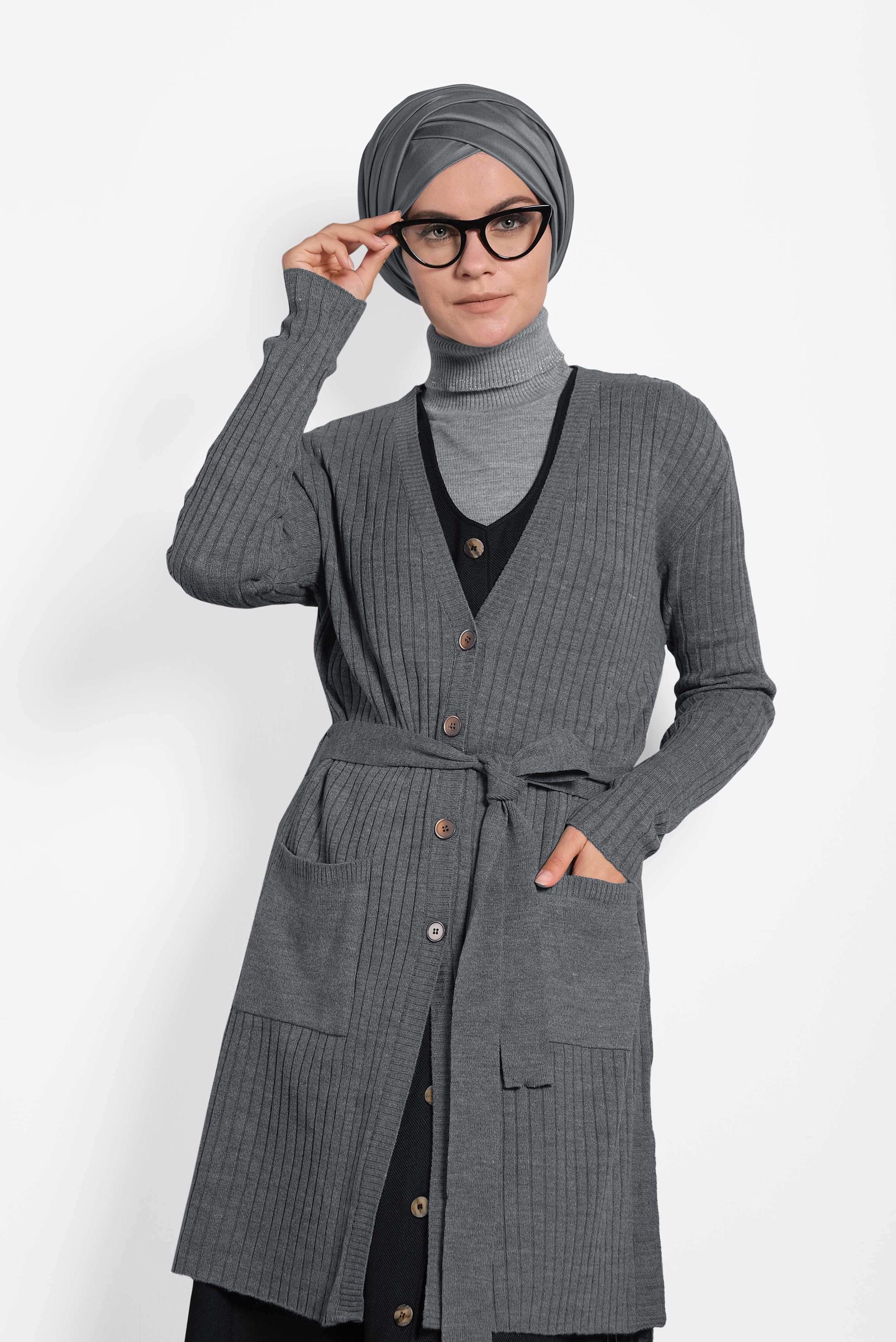 Tesettür giyim GRİ FİTİLLİ TRİKO CEKET 40049 