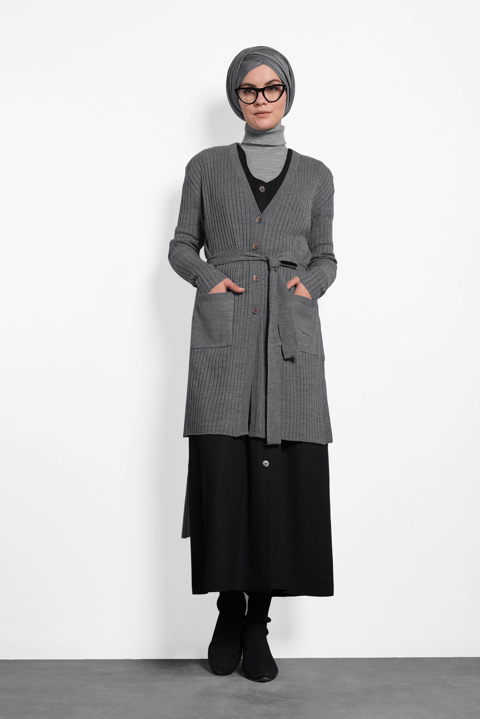 Tesettür giyim GRİ FİTİLLİ TRİKO CEKET 40049 