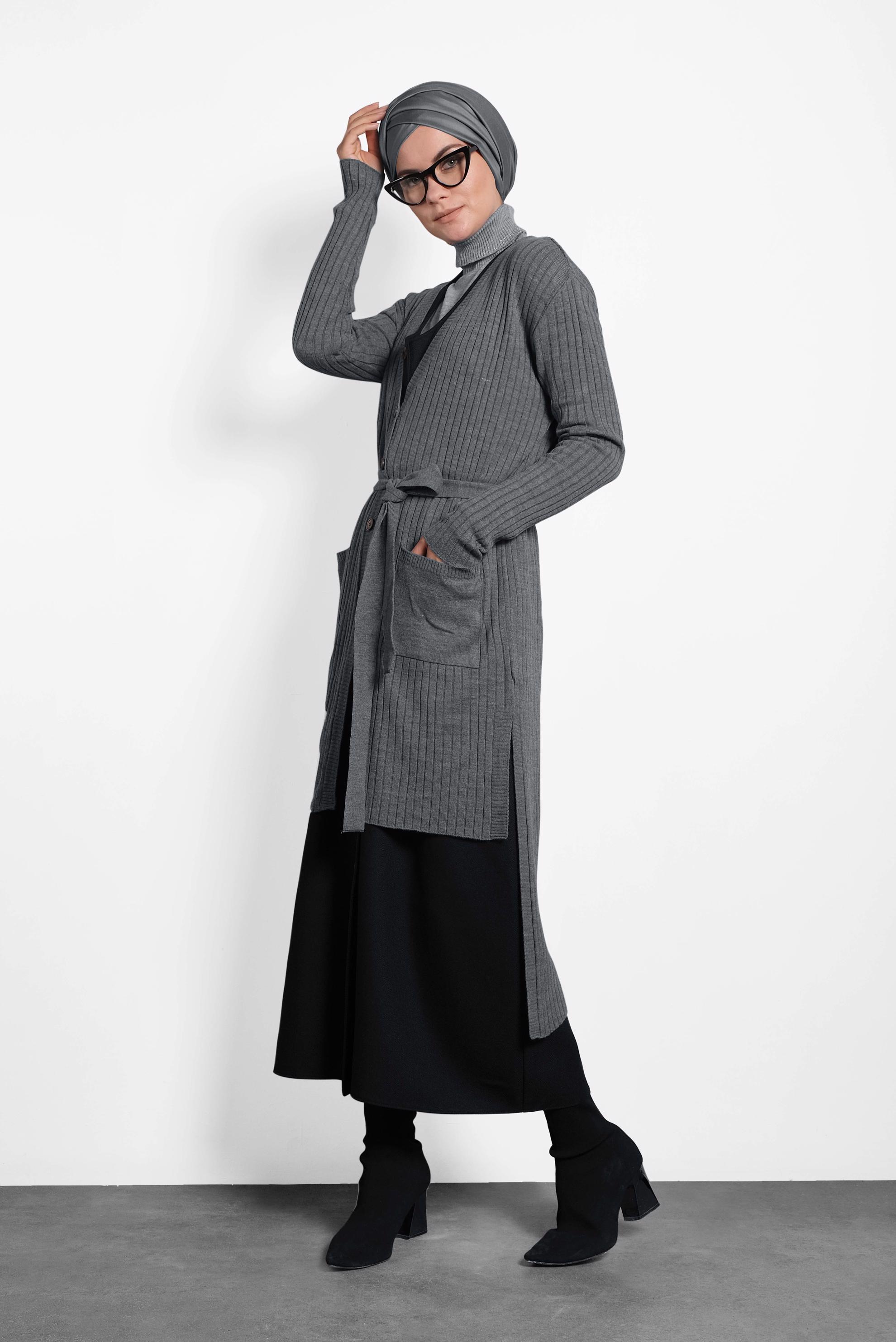 Tesettür giyim GRİ FİTİLLİ TRİKO CEKET 40049 