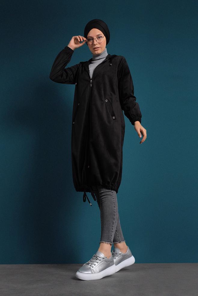 Vêtements hijab NOIR VESTE EN VELOURS CÔTELÉ À ZIPPÉ 40415  - ALVİNA