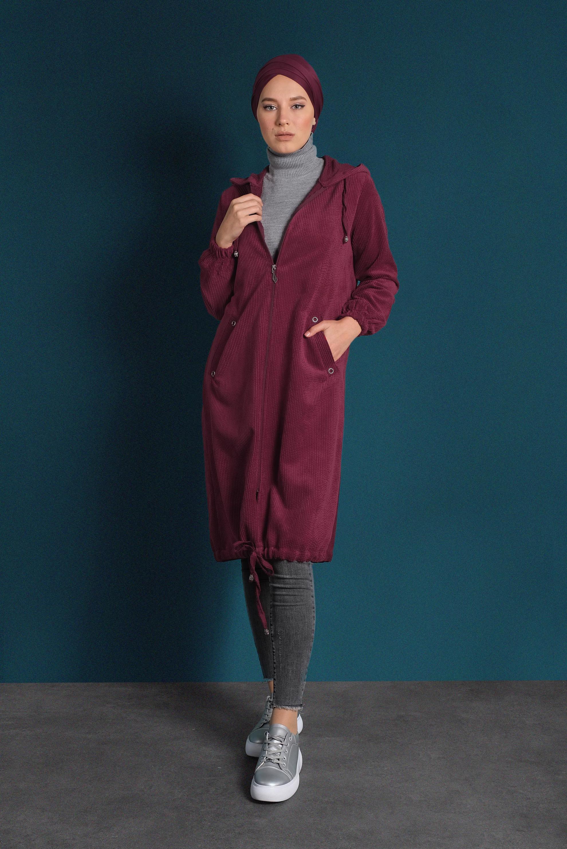 Hijab clothing CLARET RED ZIPPED CORDUROY JACKET 40415 