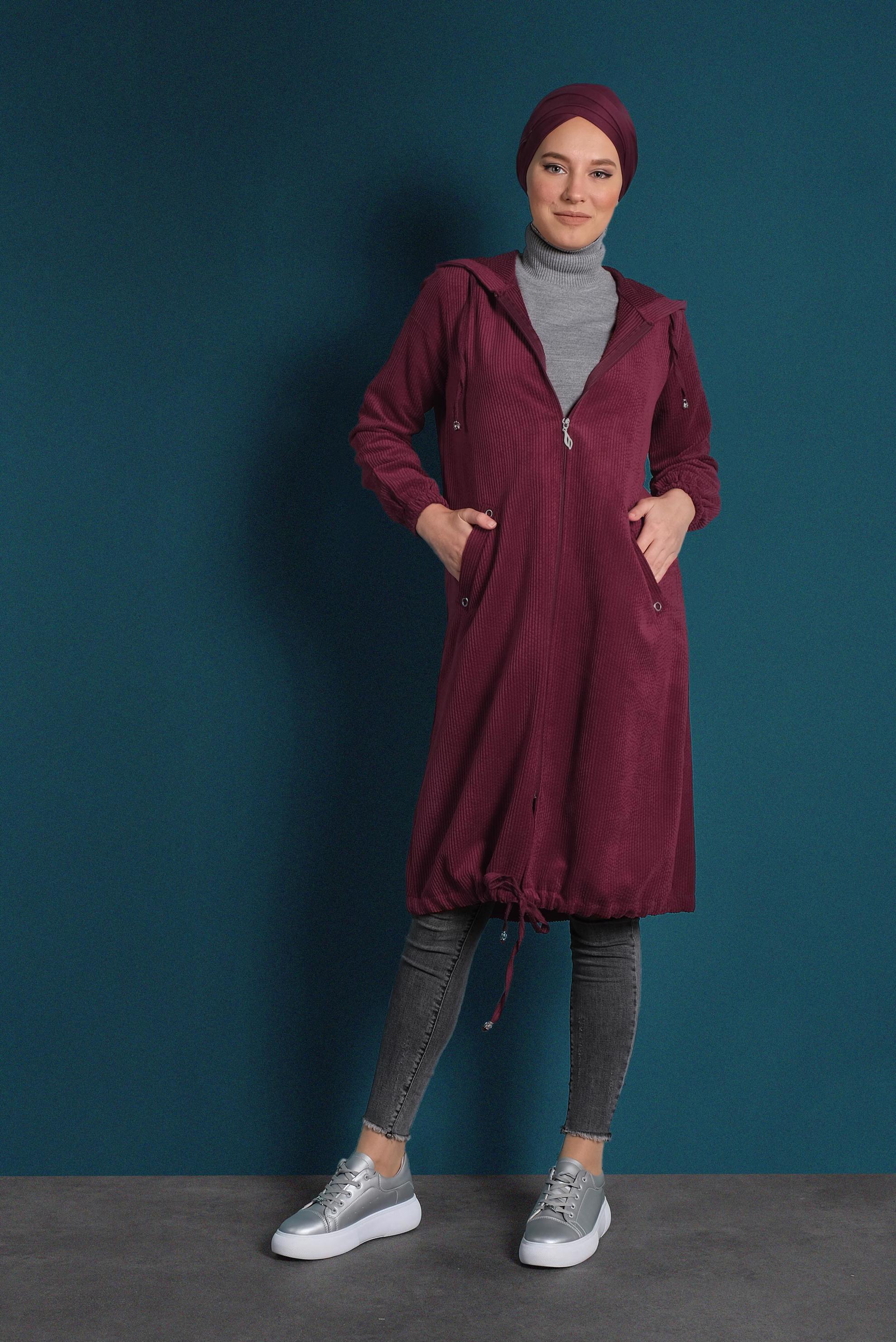 Hijab clothing CLARET RED ZIPPED CORDUROY JACKET 40415 