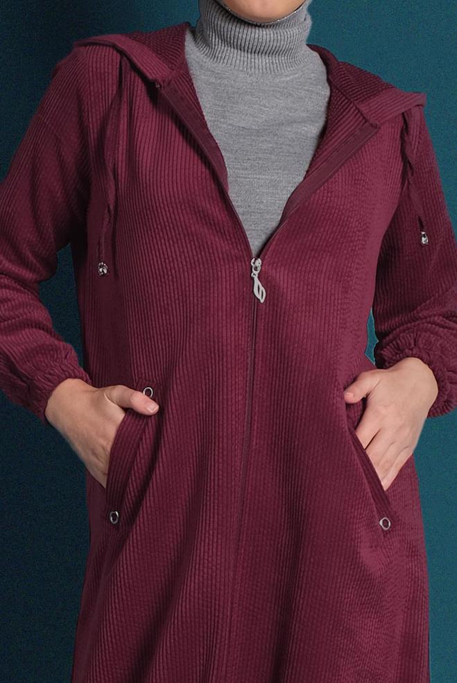 Vêtements hijab ROUGE BORDEAUX VESTE EN VELOURS CÔTELÉ À ZIPPÉ 40415  - ALVİNA