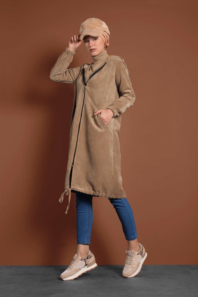 Vêtements hijab BRUN VESTE EN VELOURS CÔTELÉ À ZIPPÉ 40415  - ALVİNA
