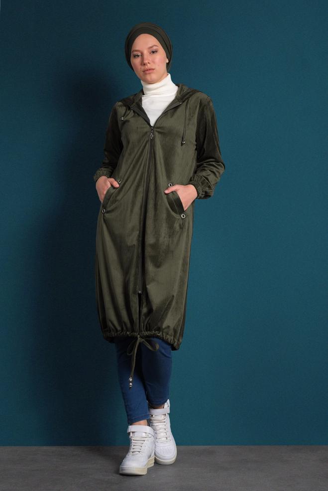 Vêtements hijab KAKI VESTE EN VELOURS CÔTELÉ À ZIPPÉ 40415  - ALVİNA