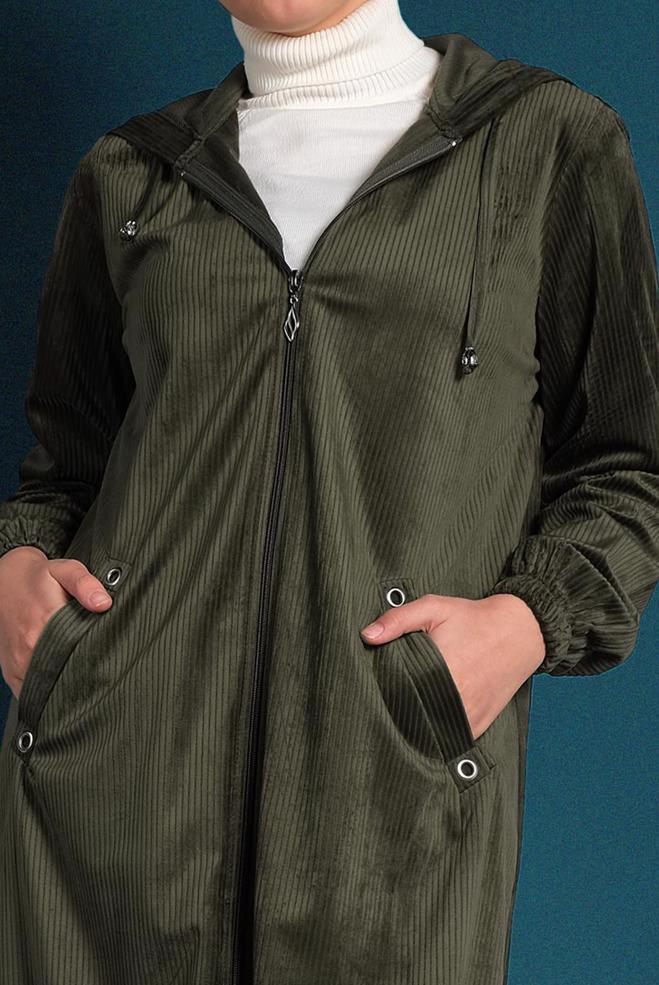 Vêtements hijab KAKI VESTE EN VELOURS CÔTELÉ À ZIPPÉ 40415  - ALVİNA