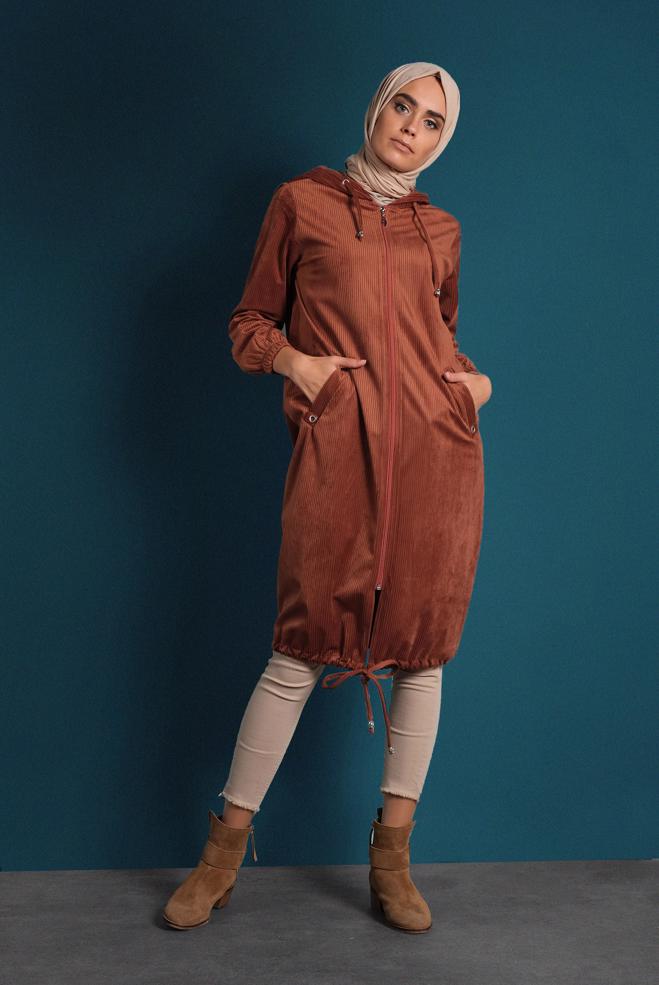 Vêtements hijab ORANGE VESTE EN VELOURS CÔTELÉ À ZIPPÉ 40415  - ALVİNA