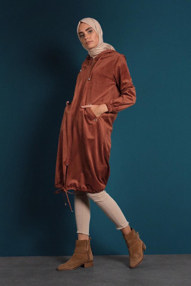 Vêtements hijab ORANGE VESTE EN VELOURS CÔTELÉ À ZIPPÉ 40415  - ALVİNA