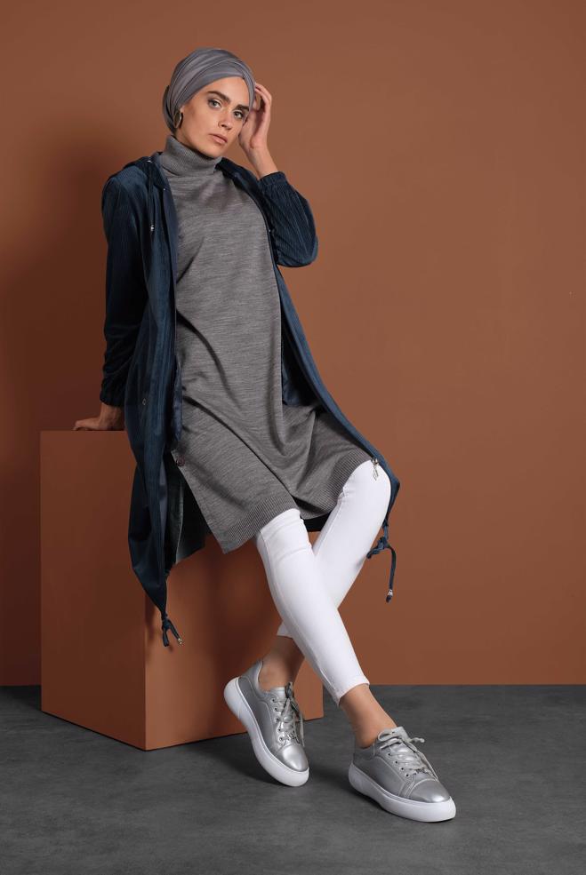 Vêtements hijab BLEU VESTE EN VELOURS CÔTELÉ À ZIPPÉ 40415  - ALVİNA