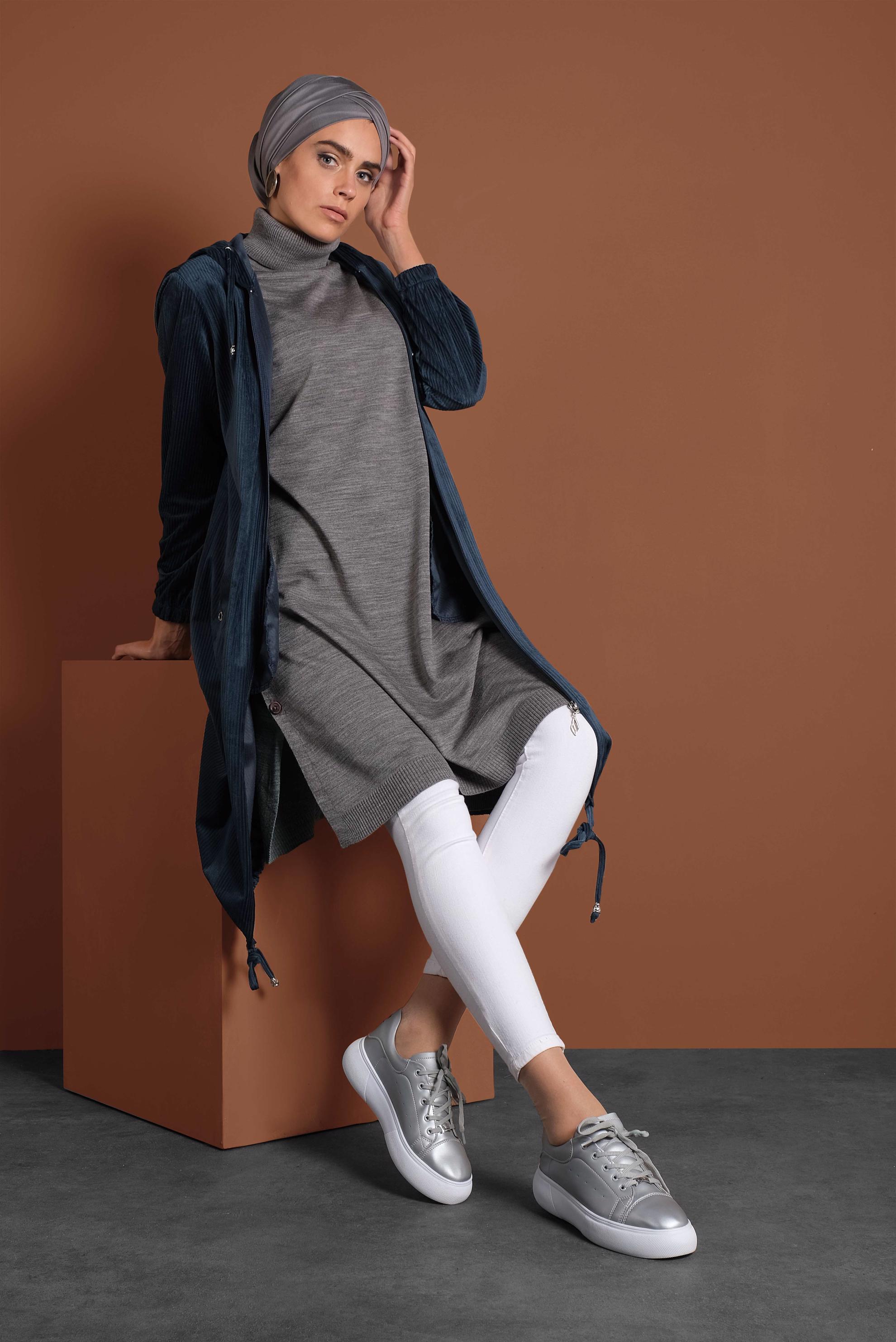 Tesettür giyim MAVİ FERMUAR FİTİLLİ KADİFE GİY ÇIK 40415 