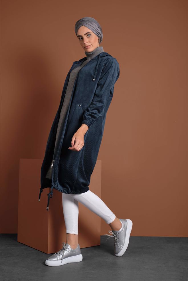 Vêtements hijab BLEU VESTE EN VELOURS CÔTELÉ À ZIPPÉ 40415  - ALVİNA