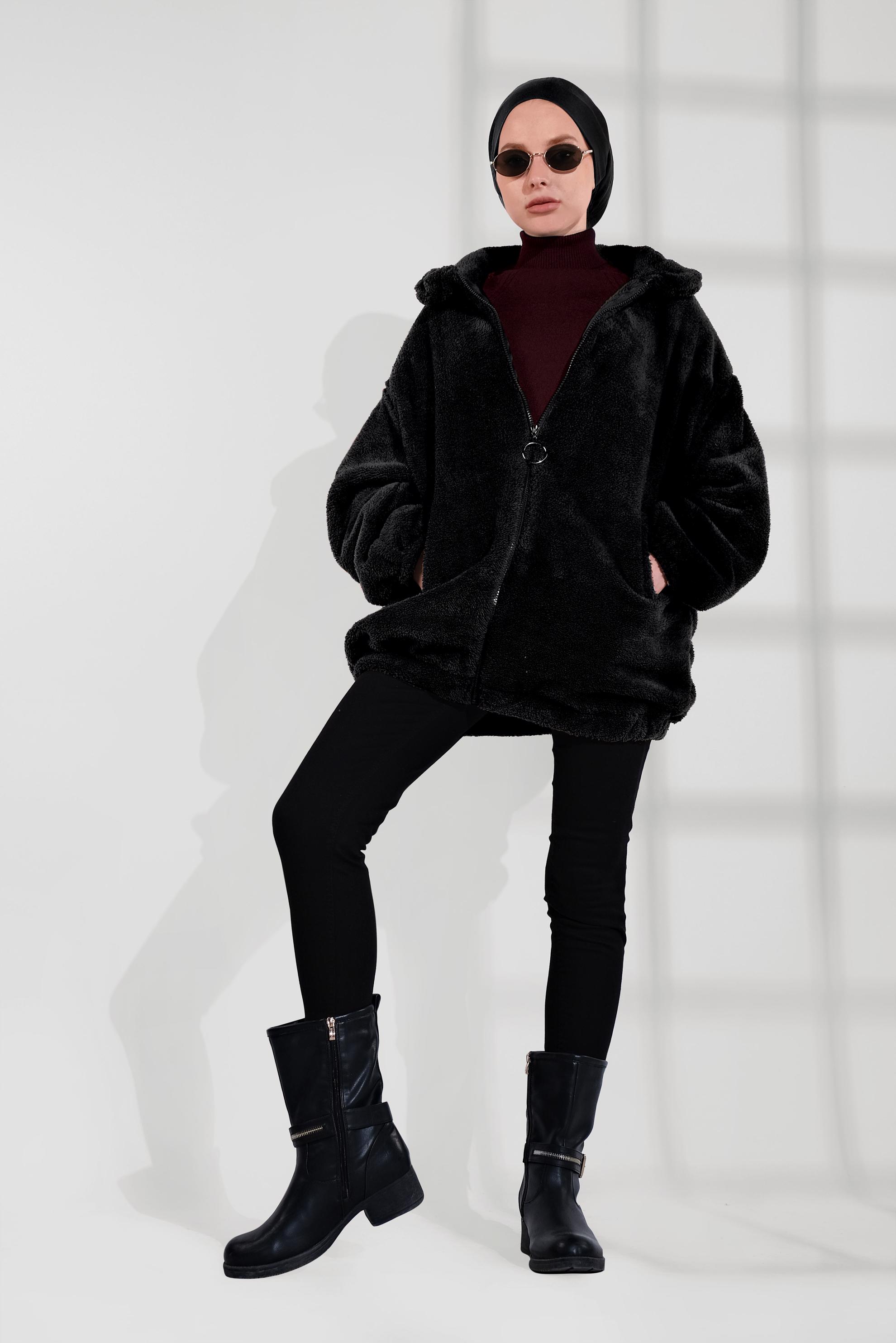 Tesettür giyim SİYAH FERMUARLI PELUŞ CEKET 40420