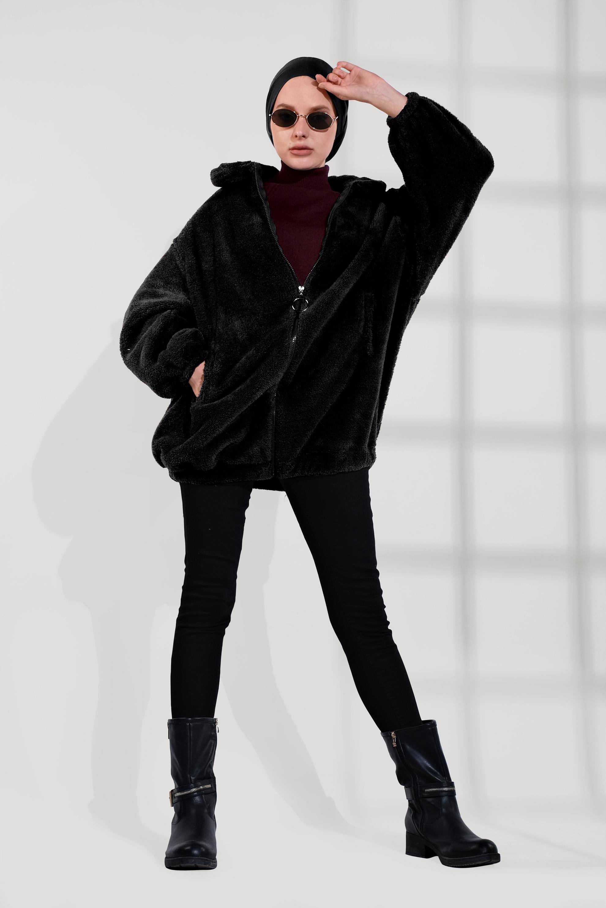 Tesettür giyim SİYAH FERMUARLI PELUŞ CEKET 40420