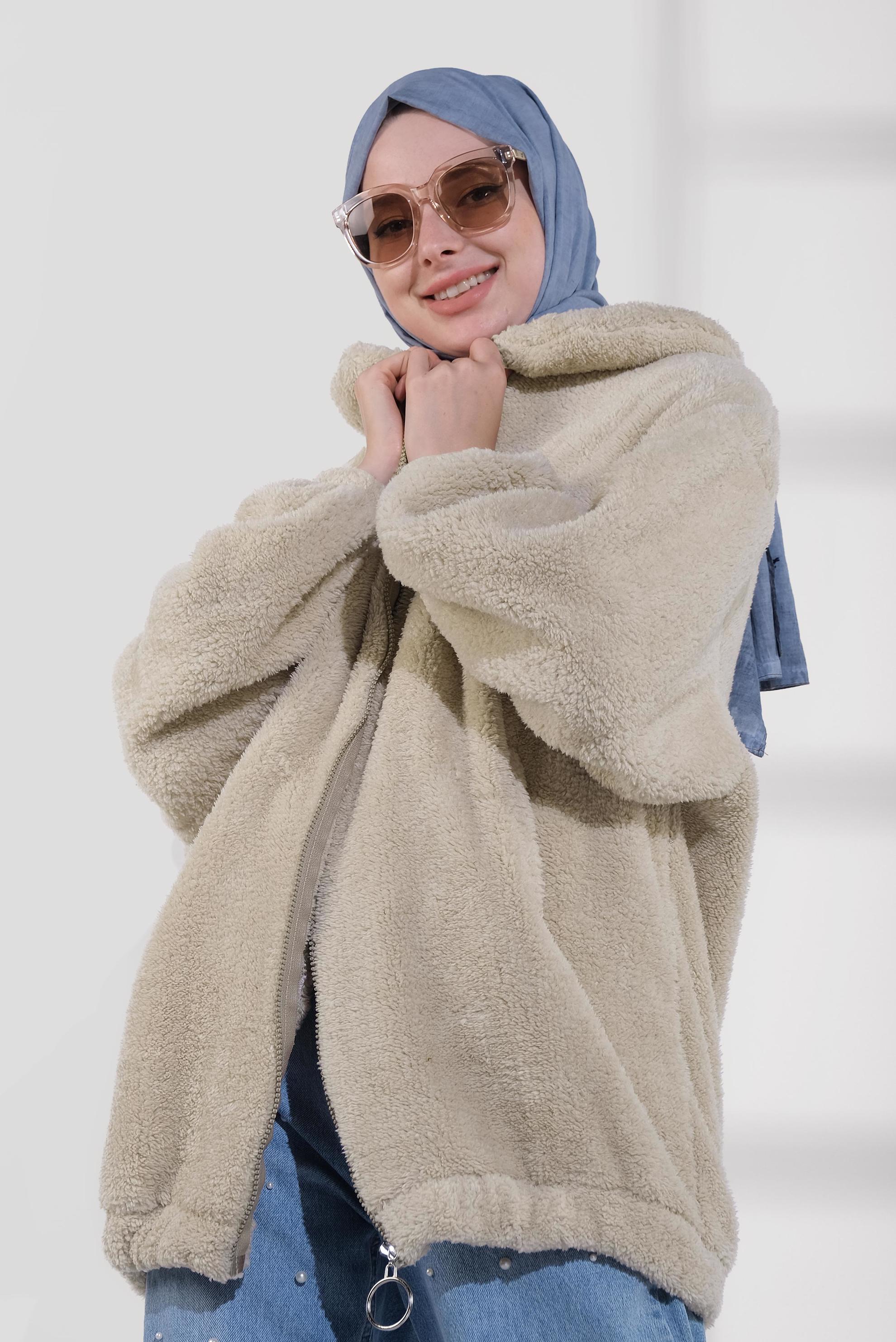 Tesettür giyim BEJ FERMUARLI PELUŞ CEKET 40420