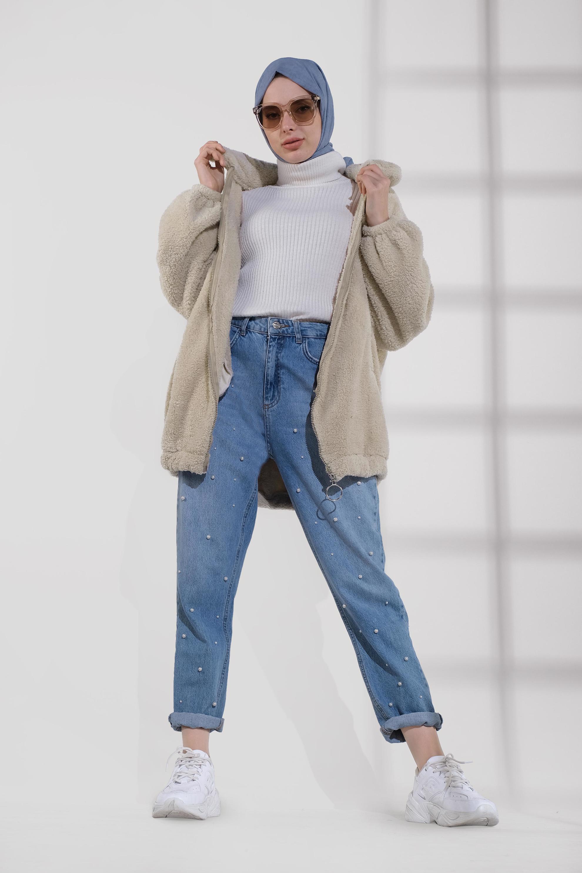 Tesettür giyim BEJ FERMUARLI PELUŞ CEKET 40420