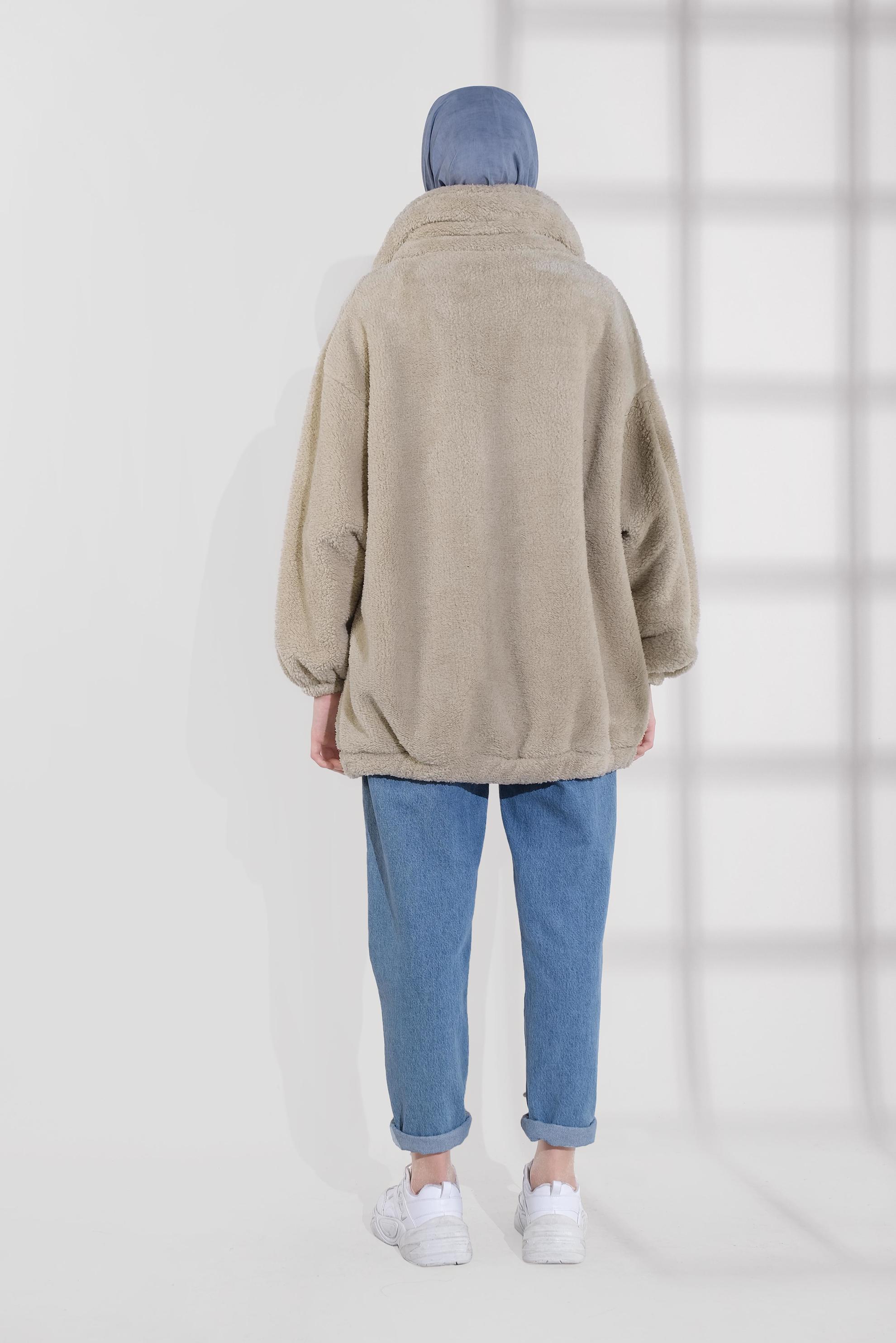 Tesettür giyim BEJ FERMUARLI PELUŞ CEKET 40420