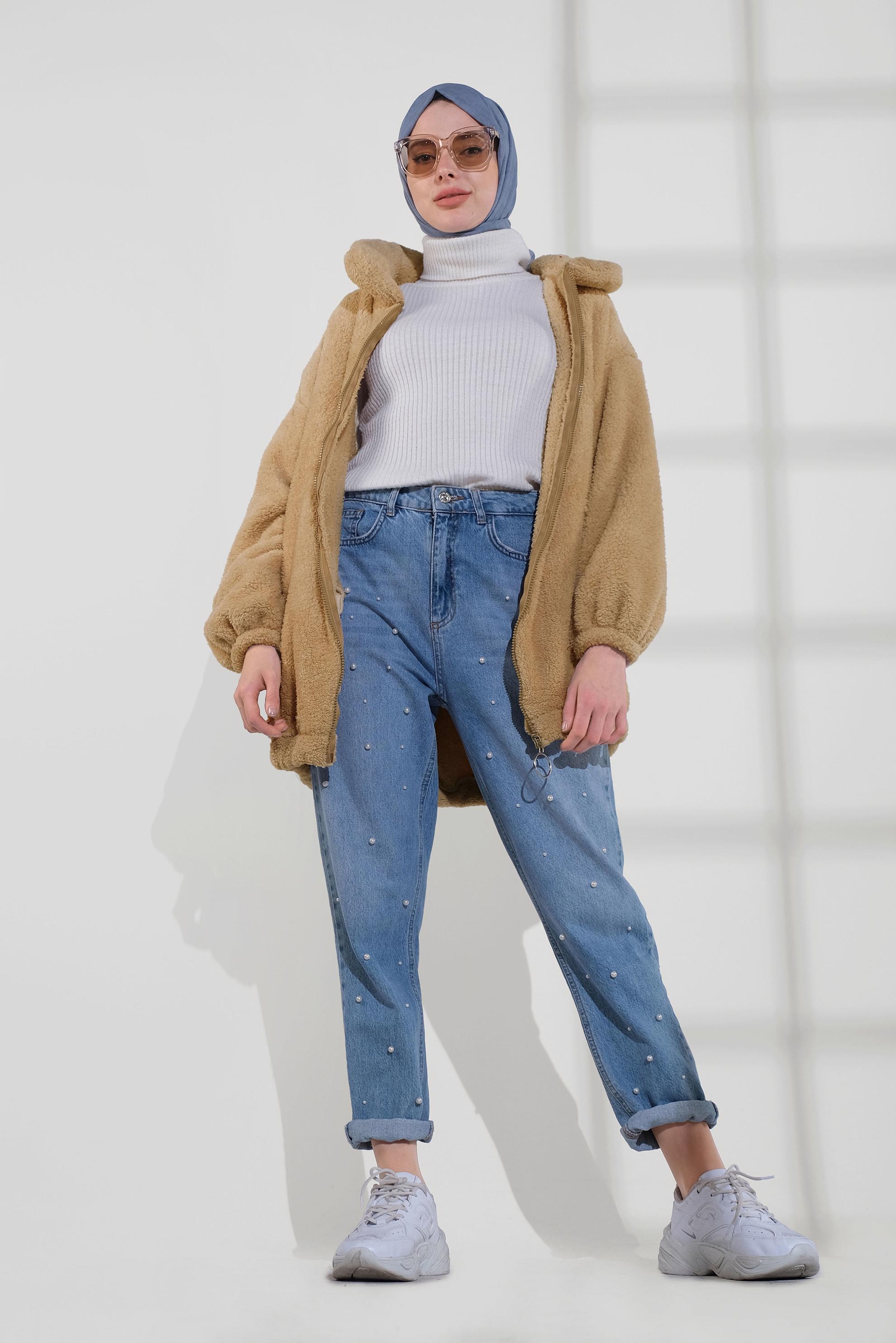 Tesettür giyim KAHVE FERMUARLI PELUŞ CEKET 40420