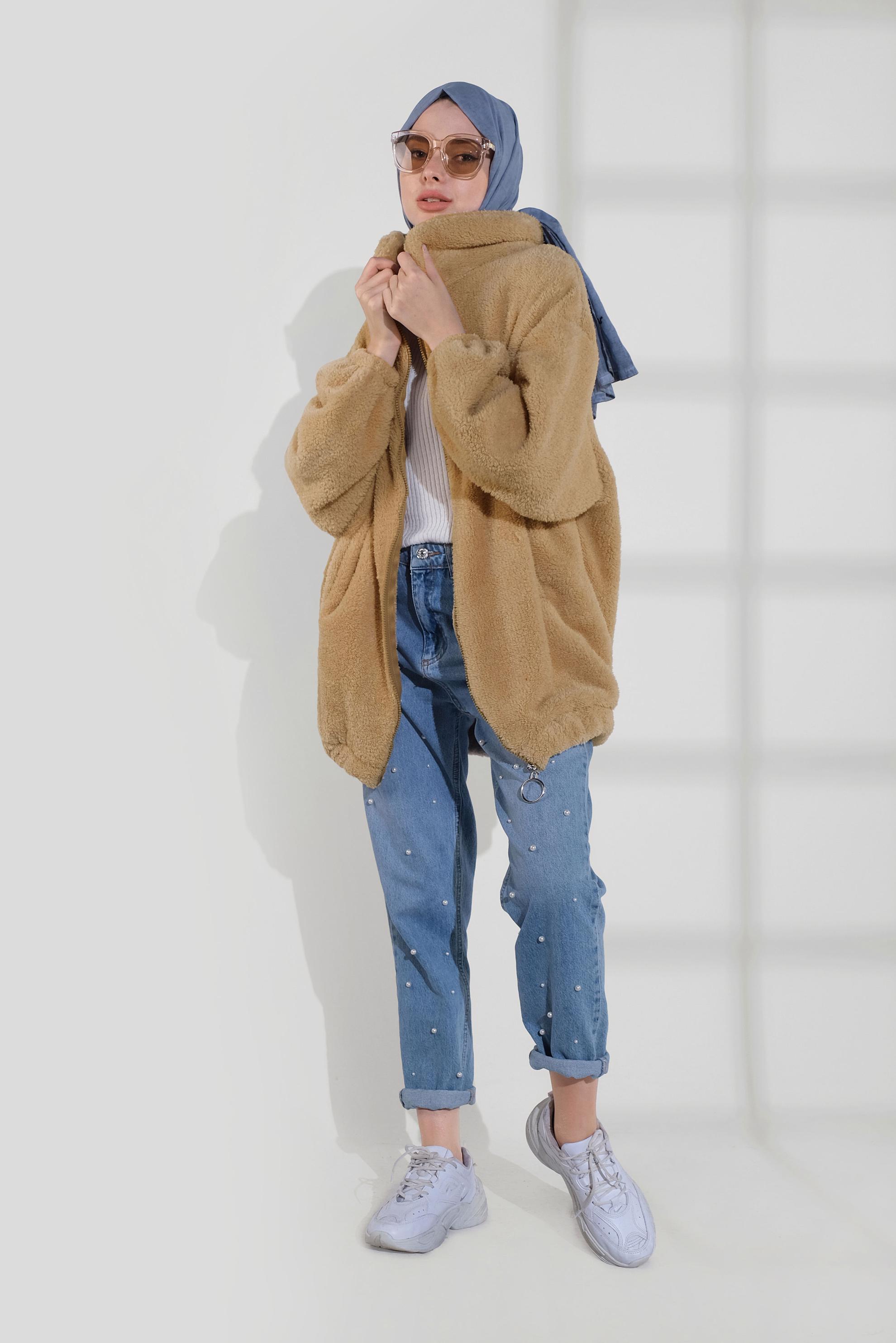 Tesettür giyim KAHVE FERMUARLI PELUŞ CEKET 40420