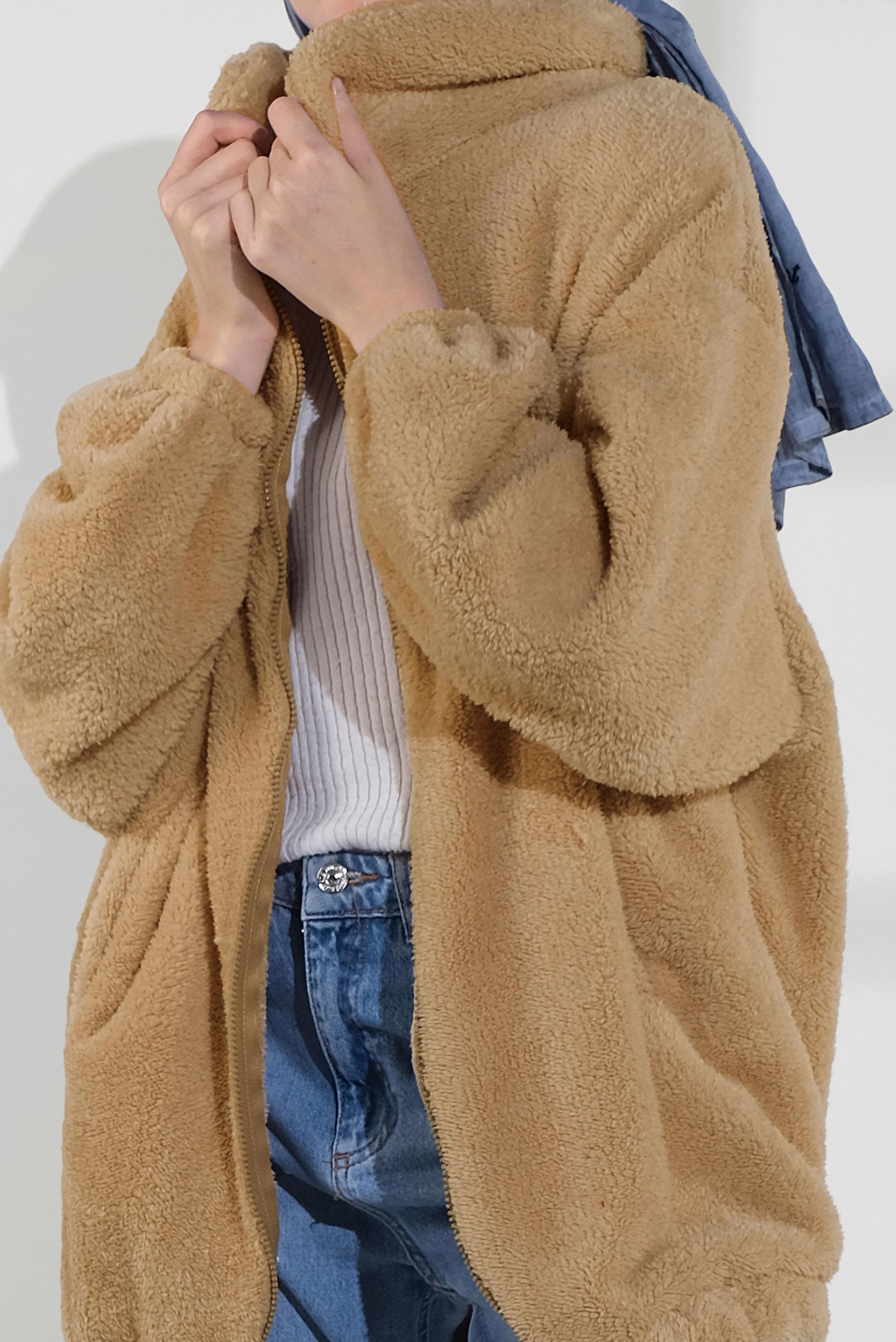 Tesettür giyim KAHVE FERMUARLI PELUŞ CEKET 40420