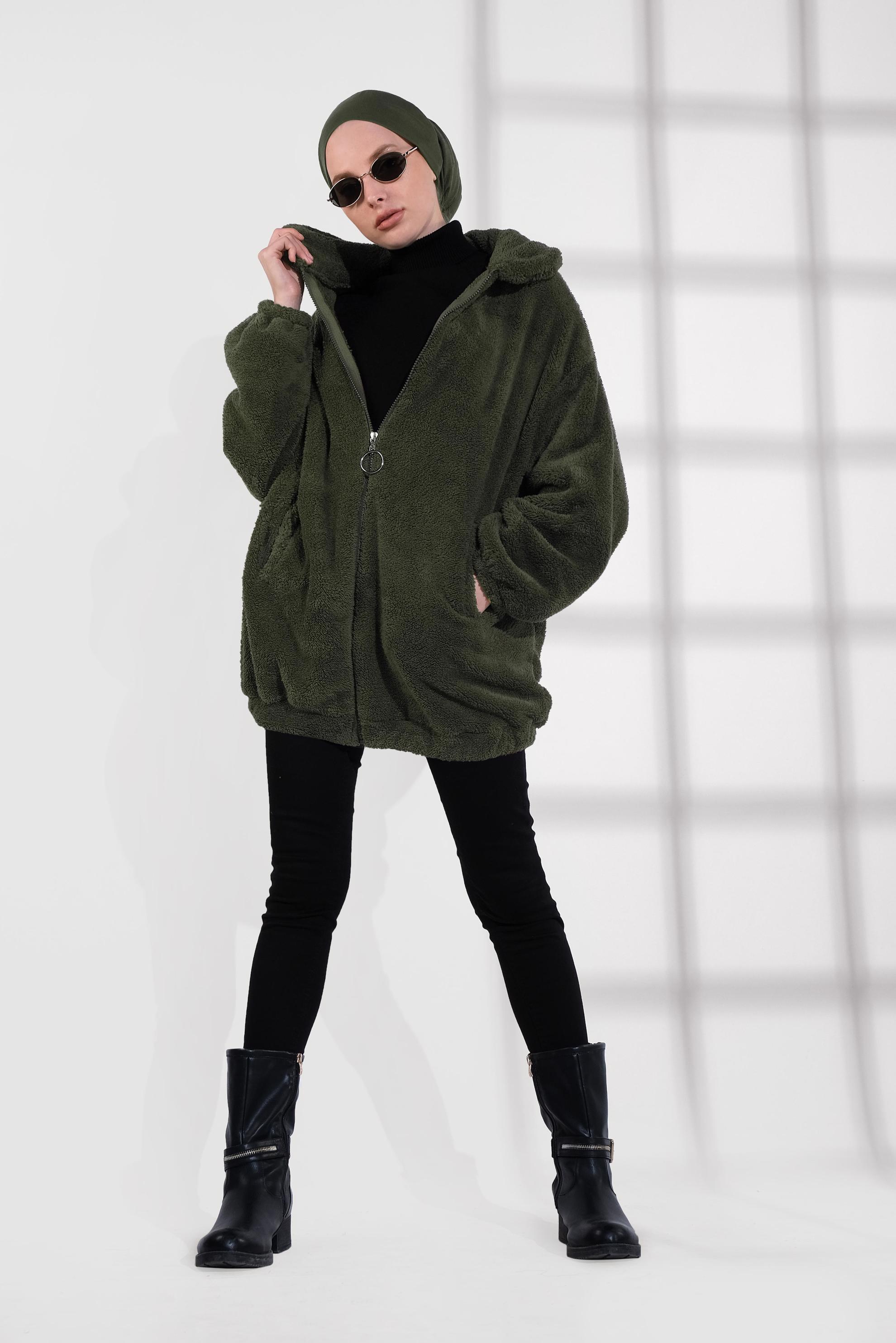 Tesettür giyim HAKİ FERMUARLI PELUŞ CEKET 40420