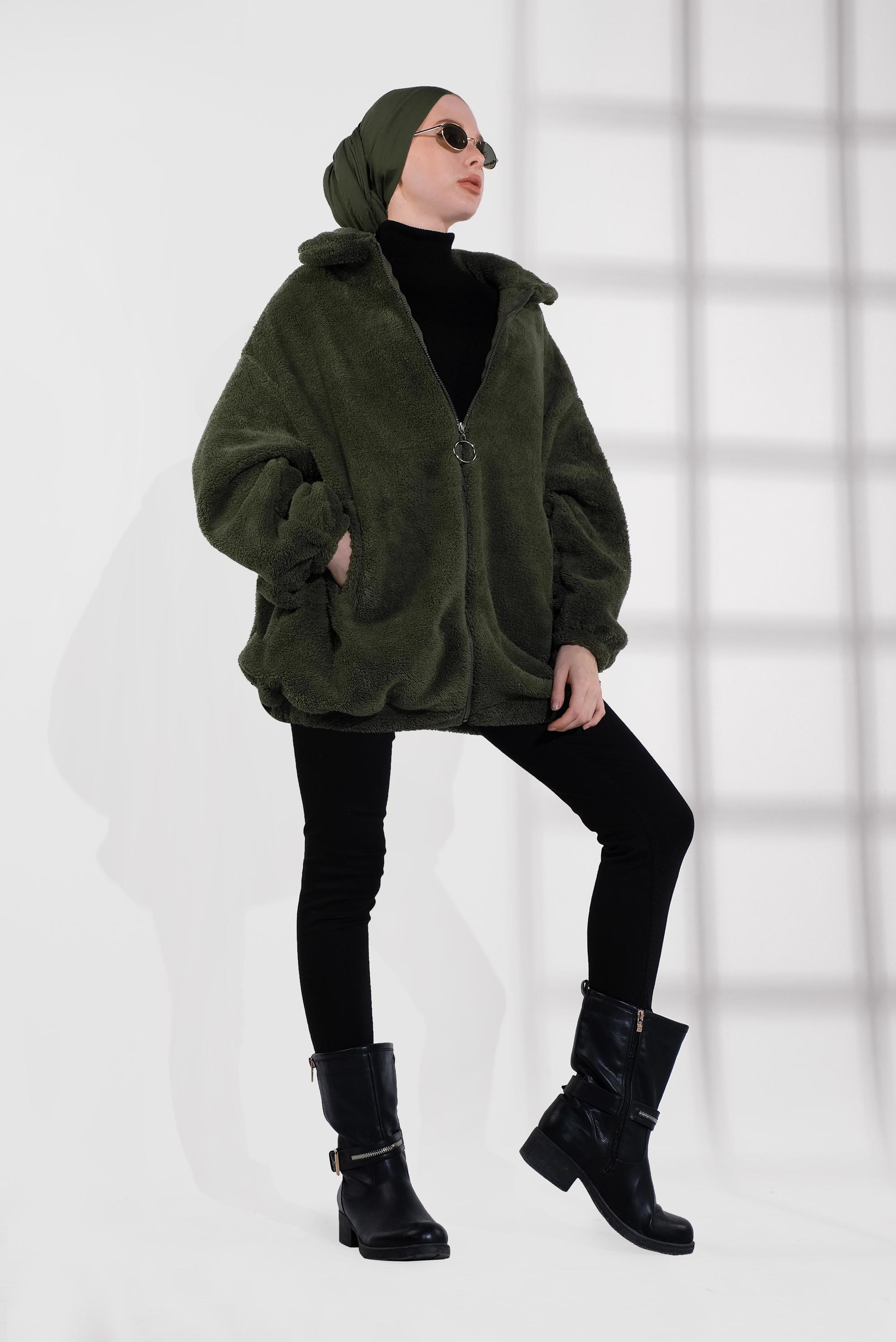 Tesettür giyim HAKİ FERMUARLI PELUŞ CEKET 40420