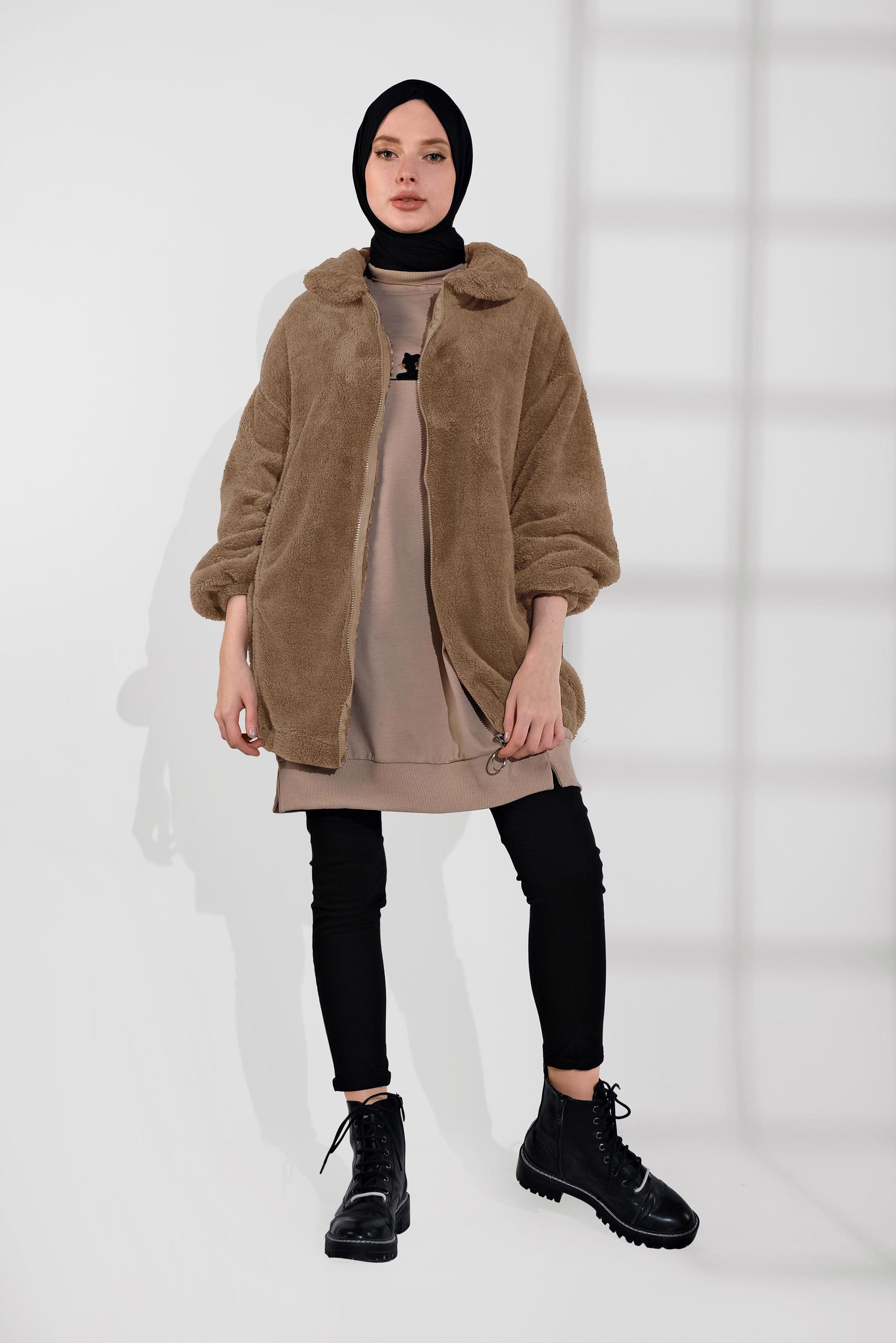 Tesettür giyim VİZON FERMUARLI PELUŞ CEKET 40420