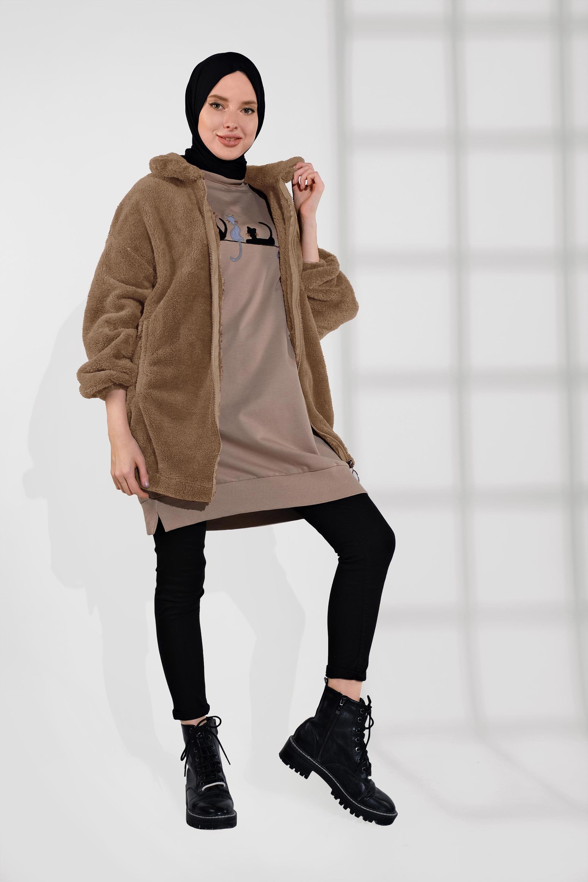 Tesettür giyim VİZON FERMUARLI PELUŞ CEKET 40420
