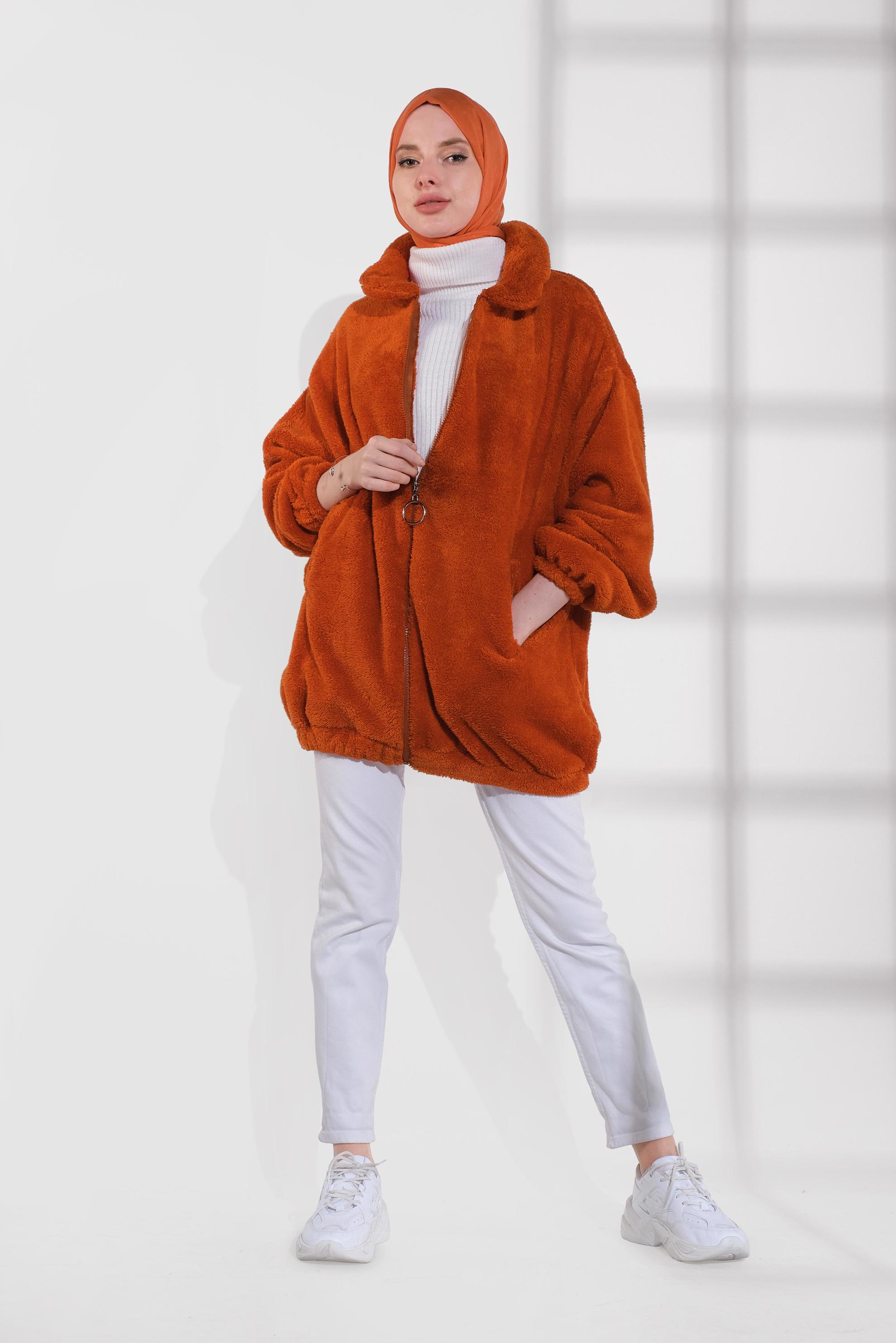 Tesettür giyim TURUNCU FERMUARLI PELUŞ CEKET 40420