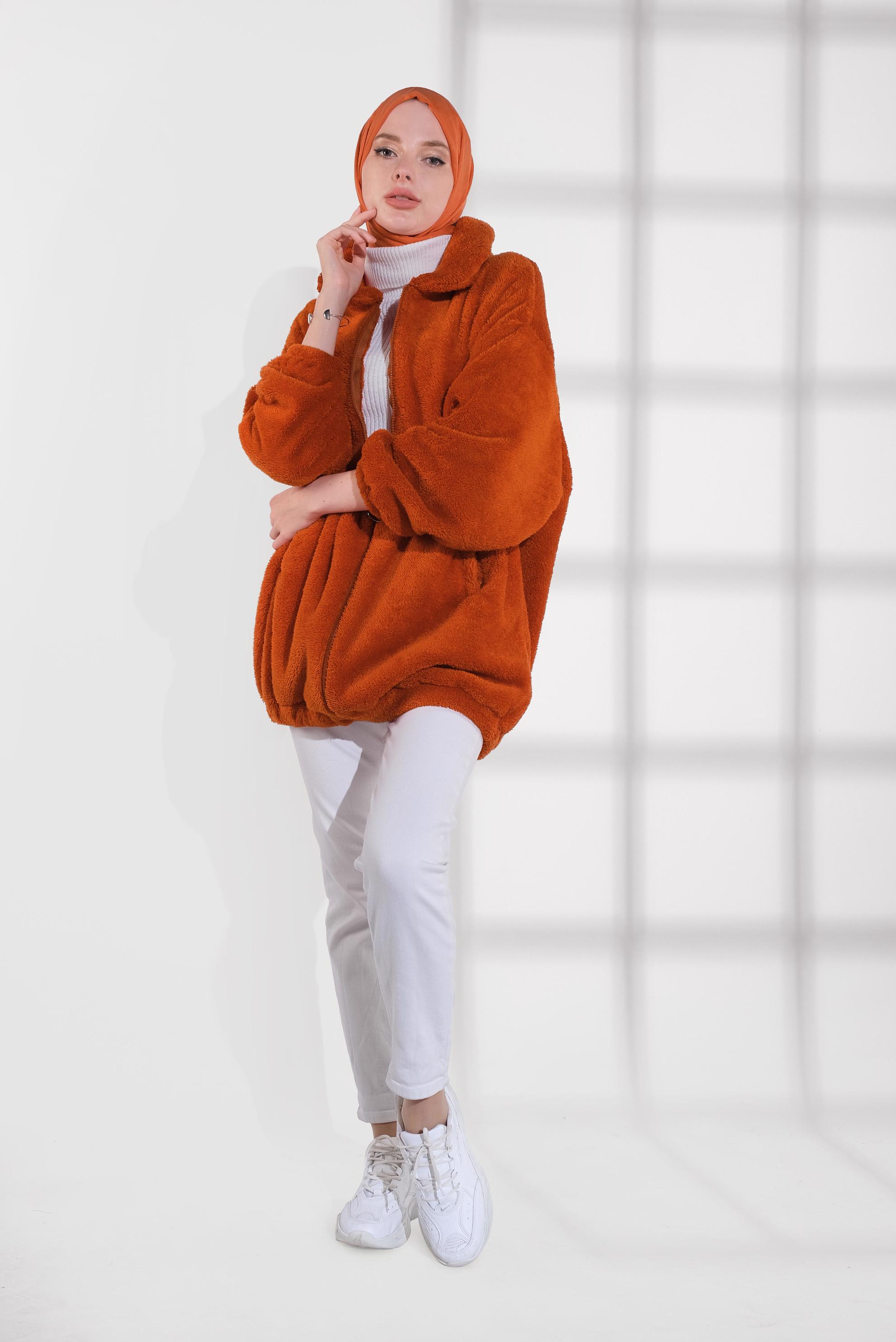 Tesettür giyim TURUNCU FERMUARLI PELUŞ CEKET 40420