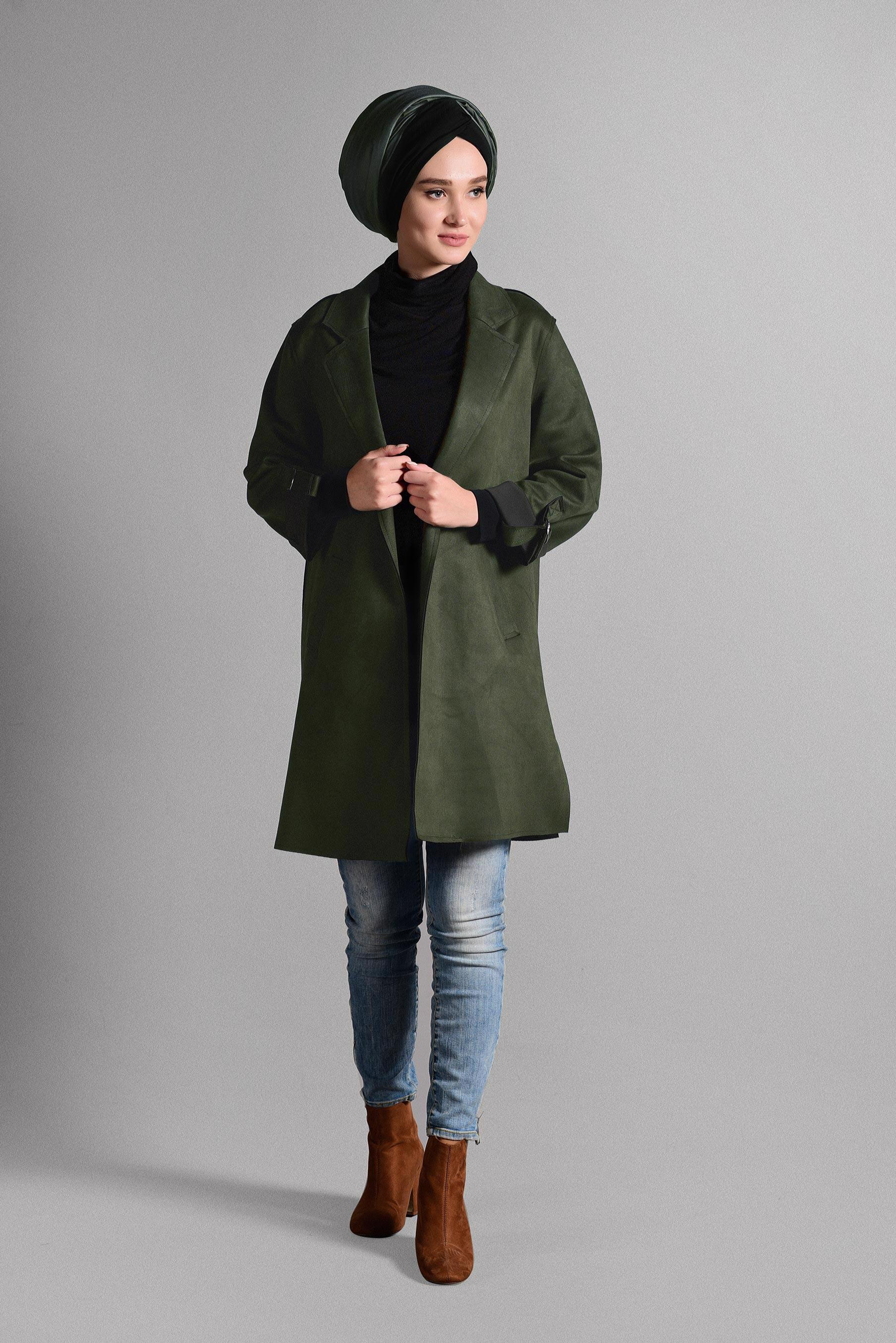 Tesettür giyim HAKİ CEP DETAYLI SÜET CEKET 4044