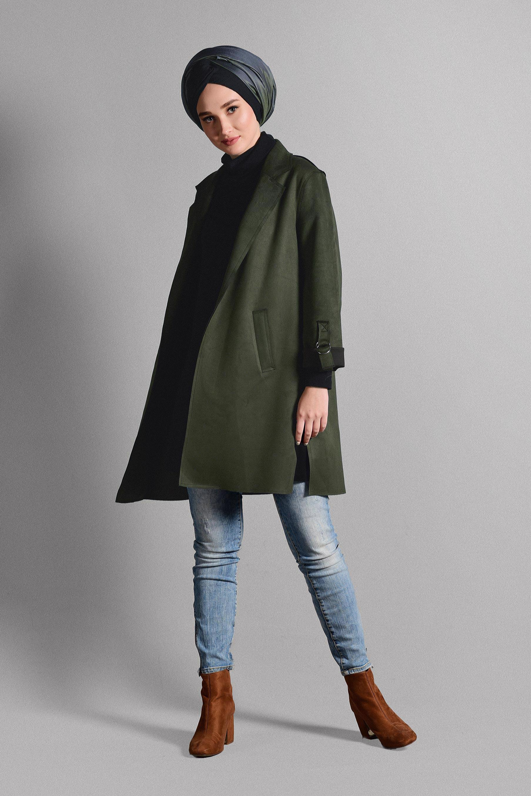 Tesettür giyim HAKİ CEP DETAYLI SÜET CEKET 4044