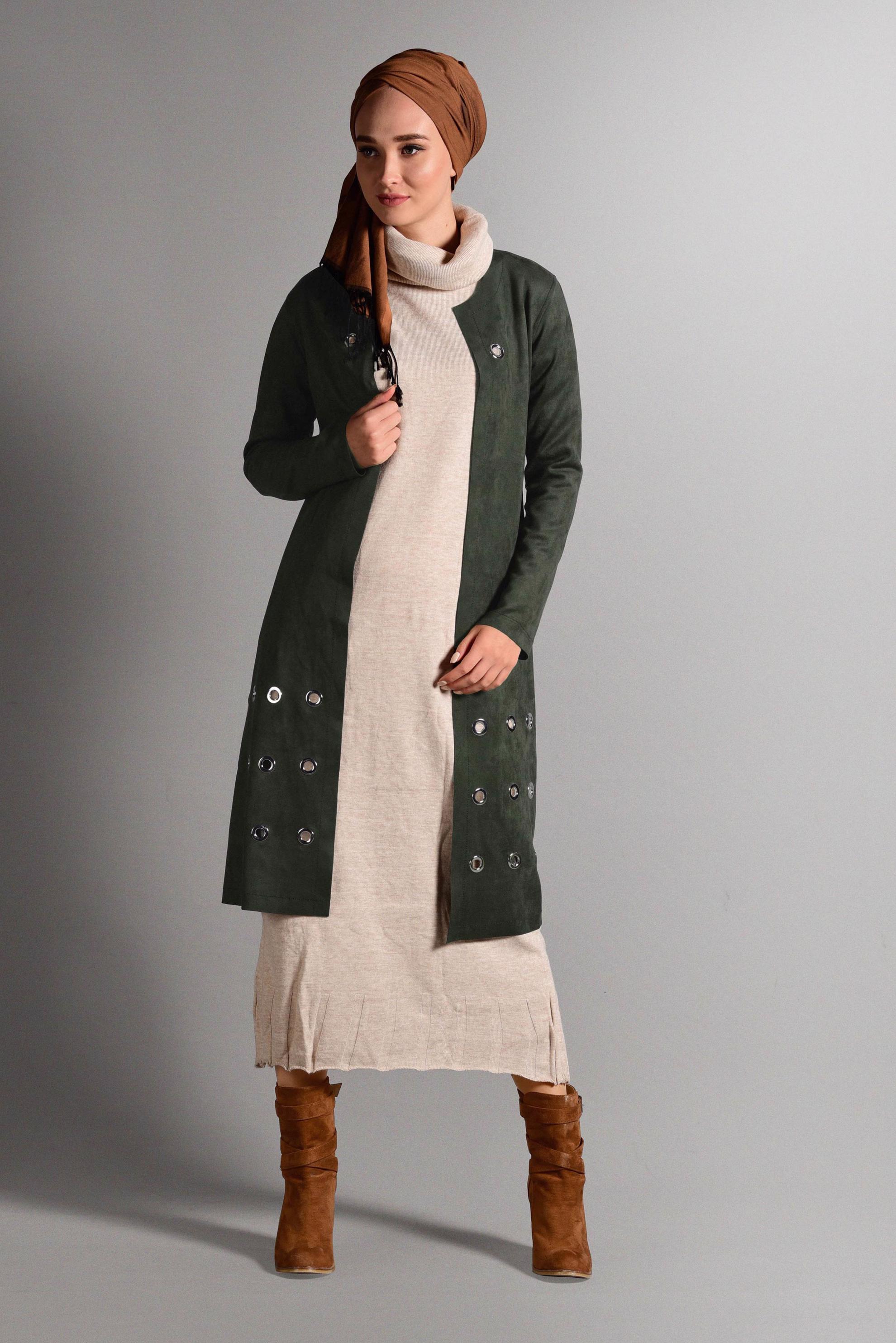 Tesettür giyim HAKİ KUŞGÖZÜ DETAYLI SÜET CEKET 4045