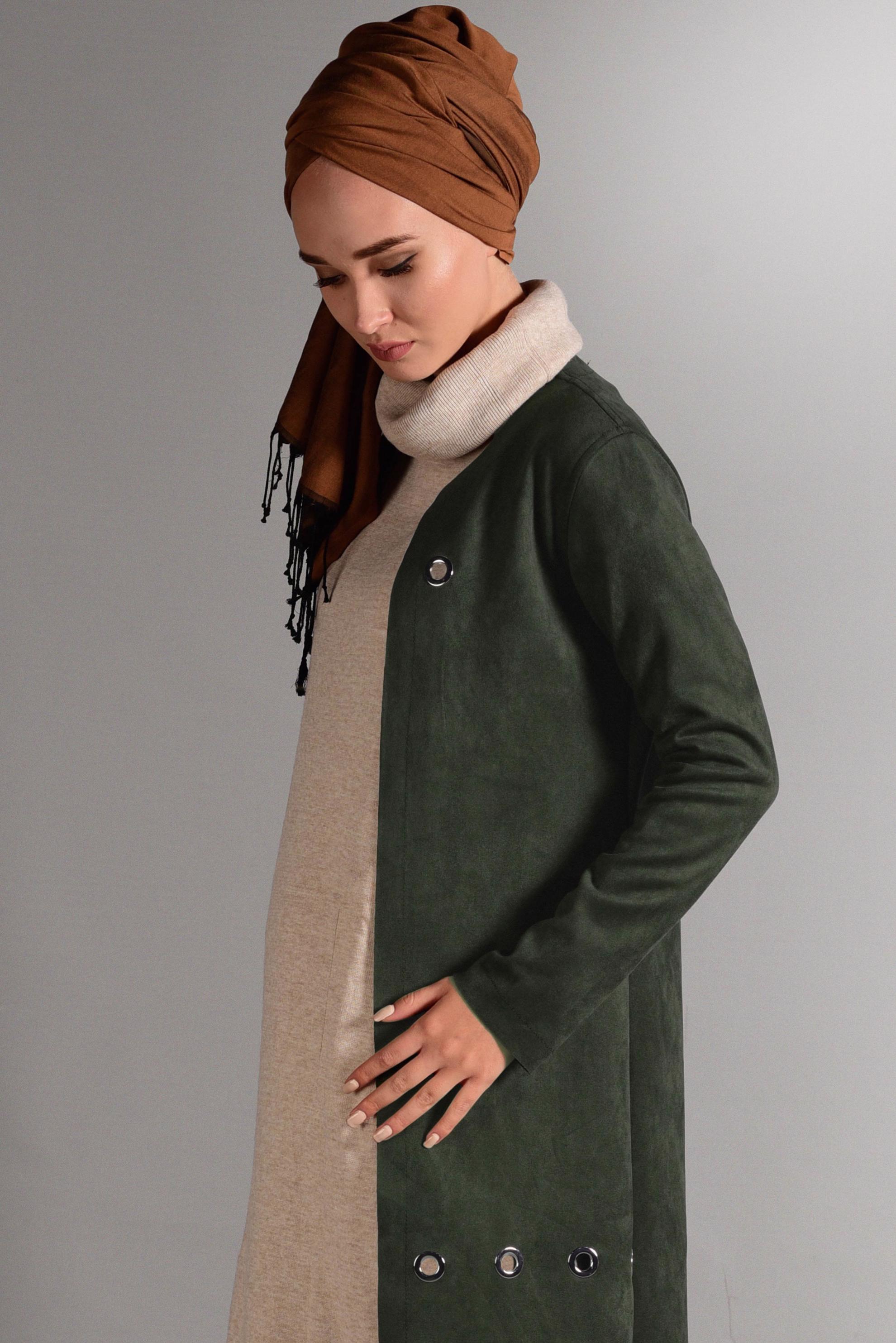 Tesettür giyim HAKİ KUŞGÖZÜ DETAYLI SÜET CEKET 4045