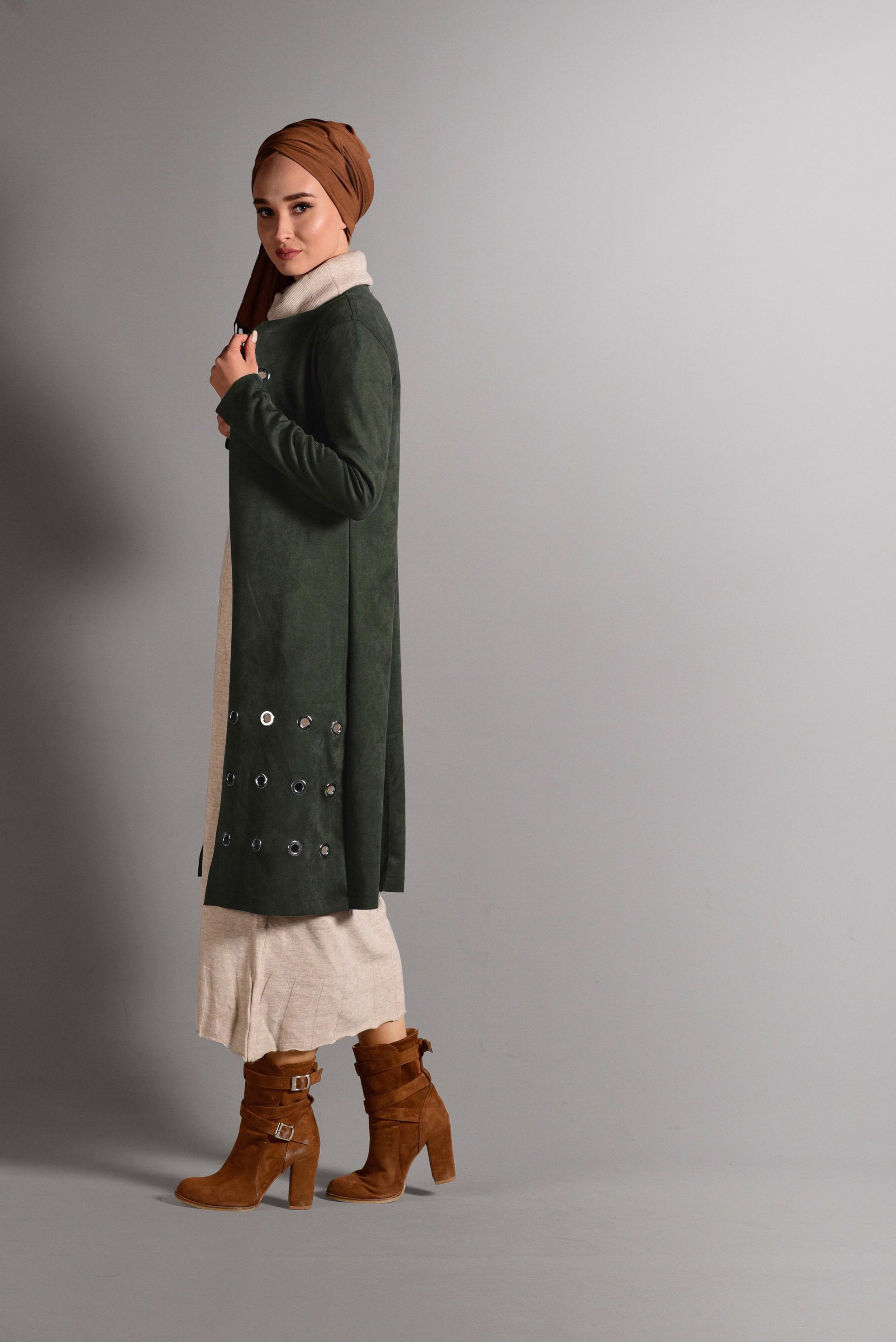 Tesettür giyim HAKİ KUŞGÖZÜ DETAYLI SÜET CEKET 4045