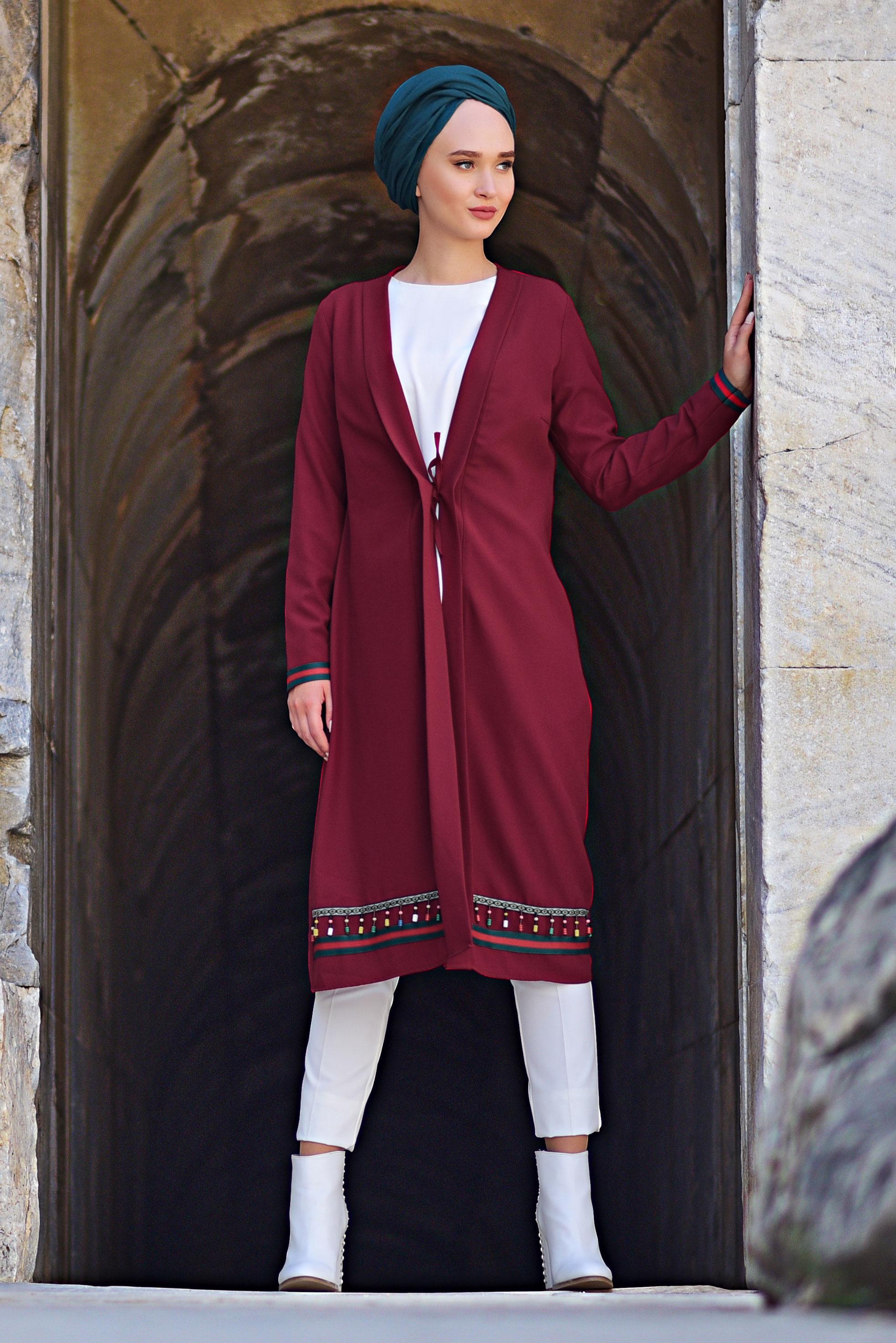 Tesettür giyim KIRMIZI BONCUK İŞLEMELİ CEKET 4046