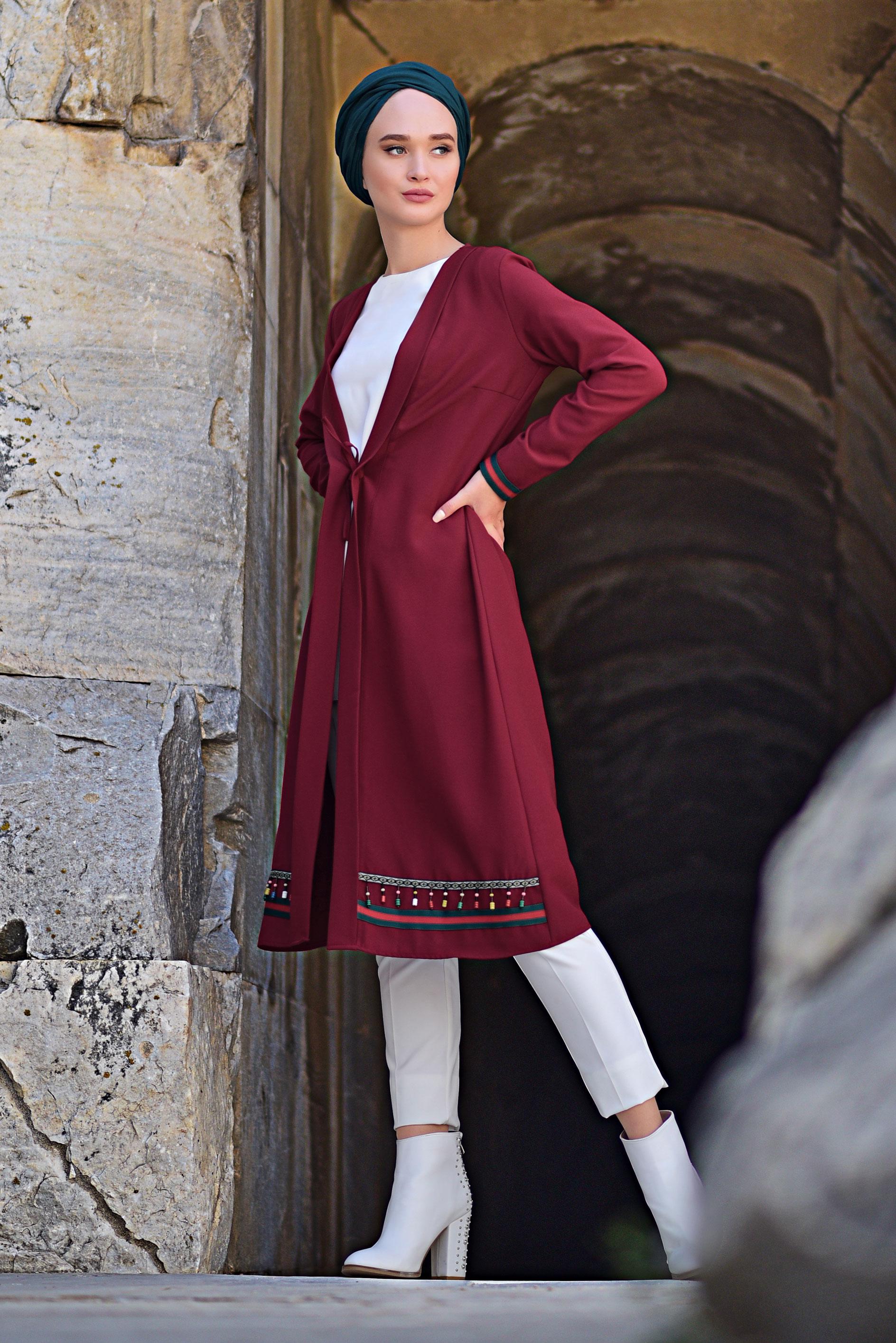 Tesettür giyim KIRMIZI BONCUK İŞLEMELİ CEKET 4046