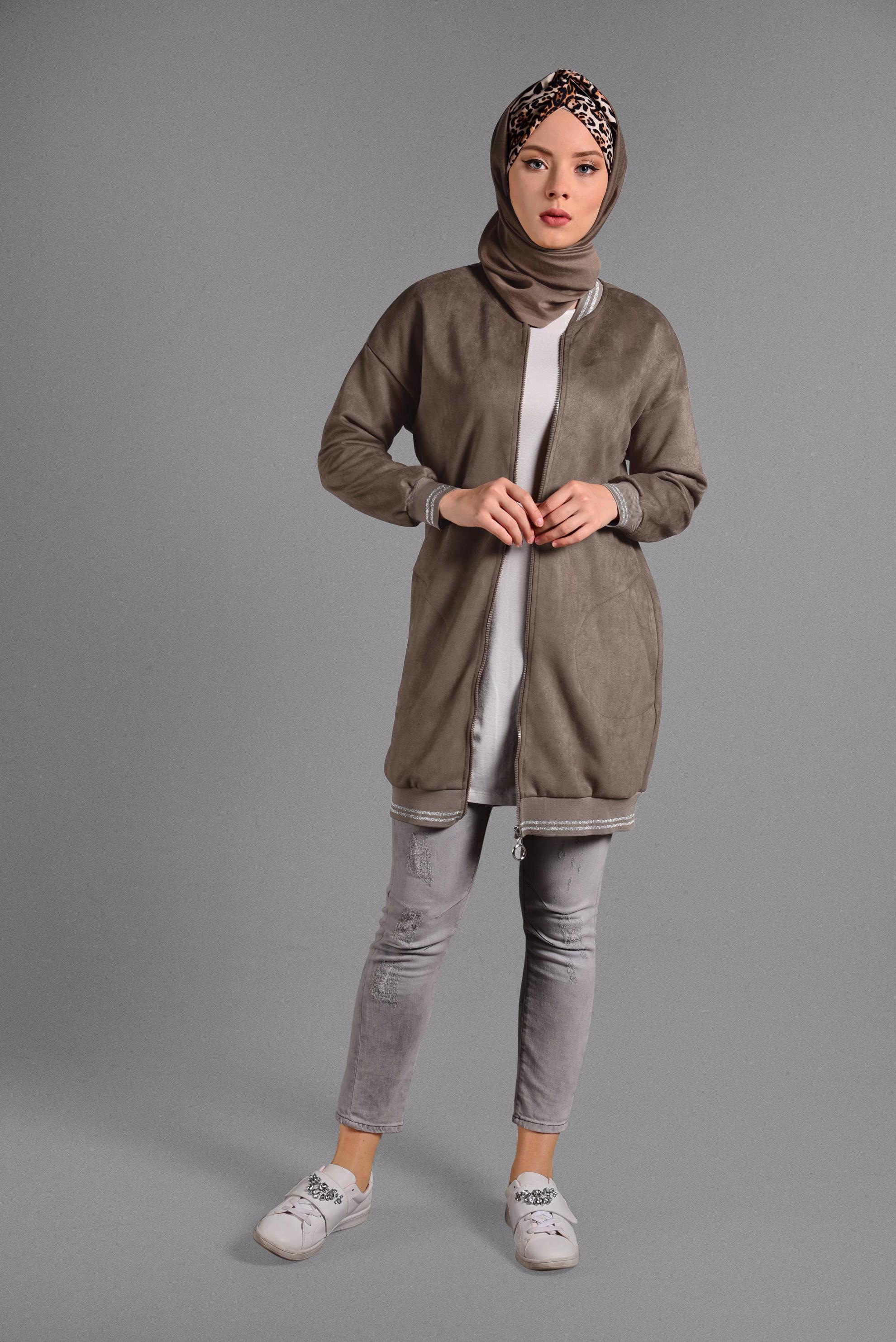 Tesettür giyim BEJ FERMUAR DETAYLI SÜET CEKET 4048