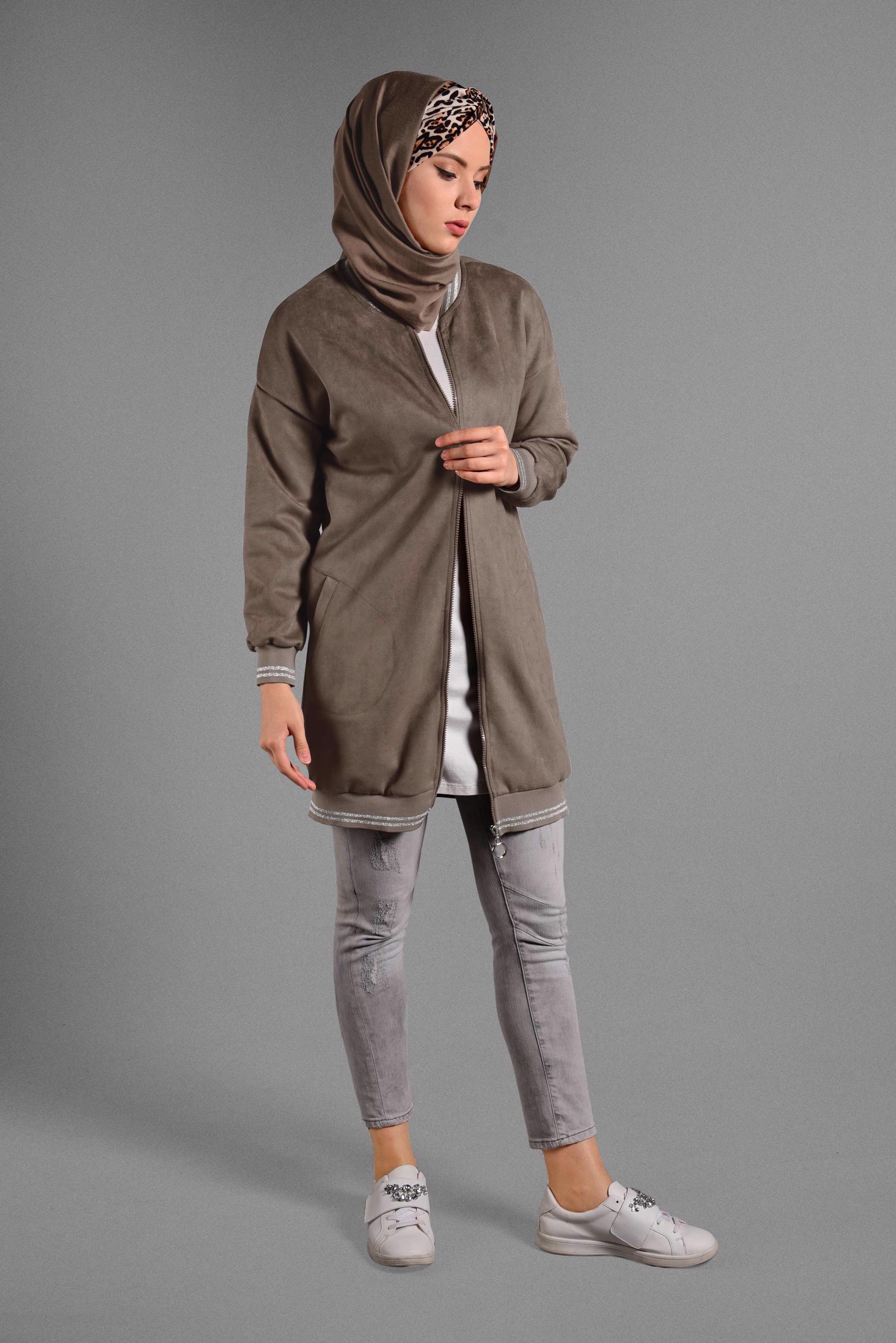 Tesettür giyim BEJ FERMUAR DETAYLI SÜET CEKET 4048