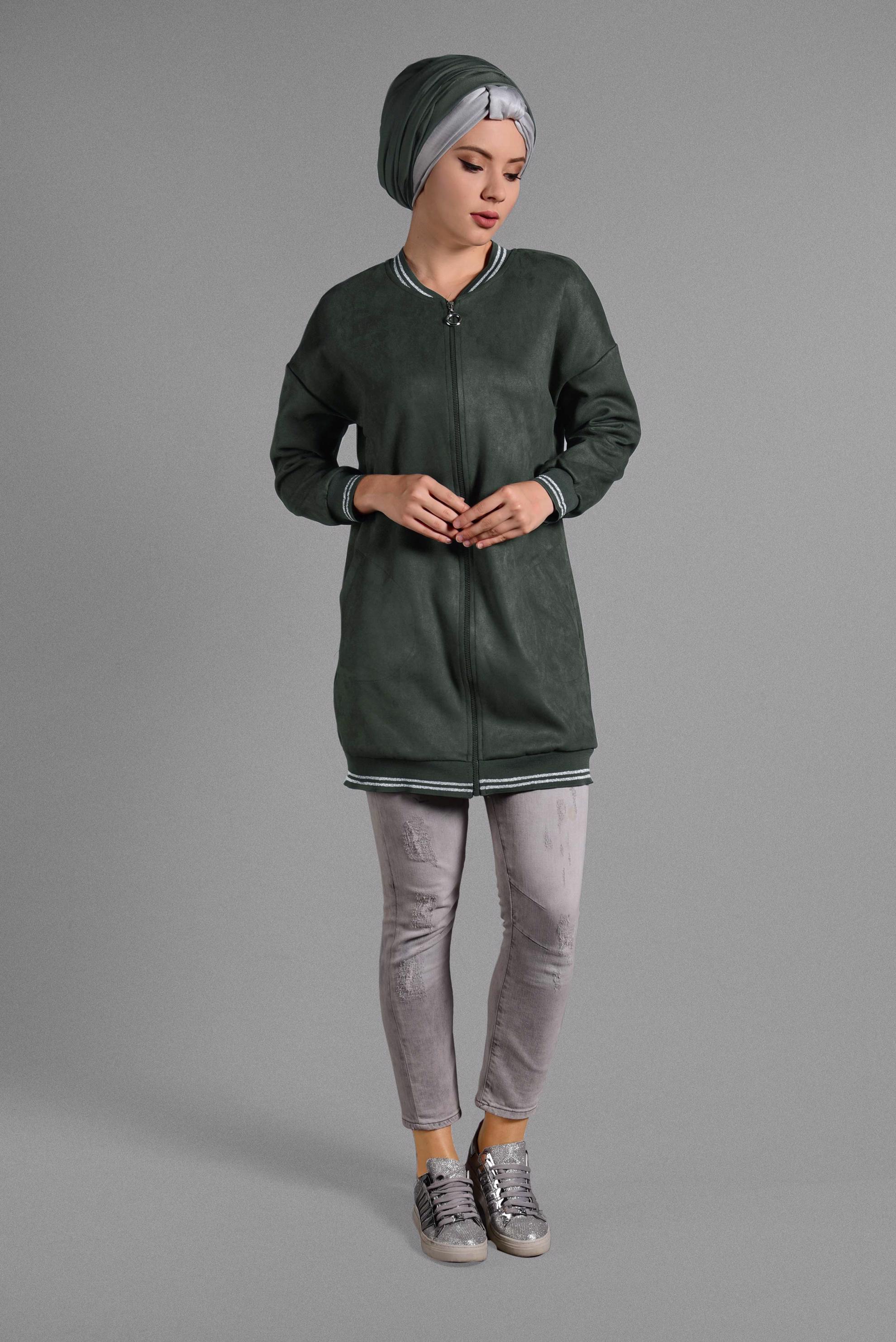 Tesettür giyim HAKİ FERMUAR DETAYLI SÜET CEKET 4048