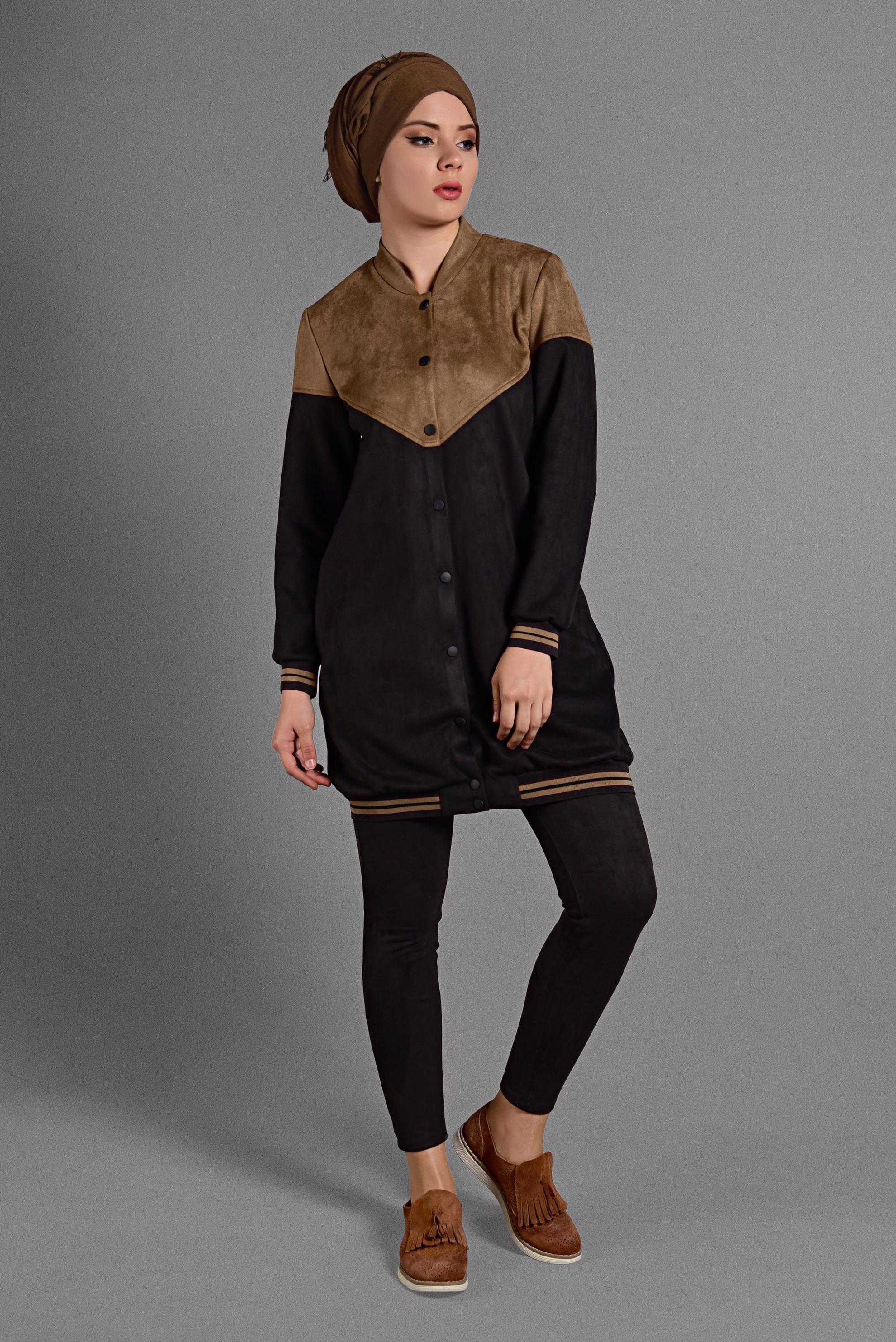 Tesettür giyim TABA ÇITÇIT DETAYLI SÜET CEKET 4049