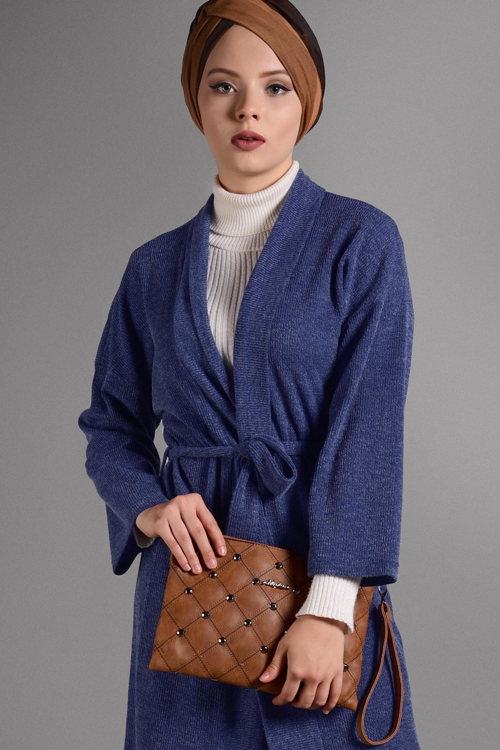 Tesettür giyim LACİVERT KUŞAKLI SALAŞ TRİKO CEKET 4052