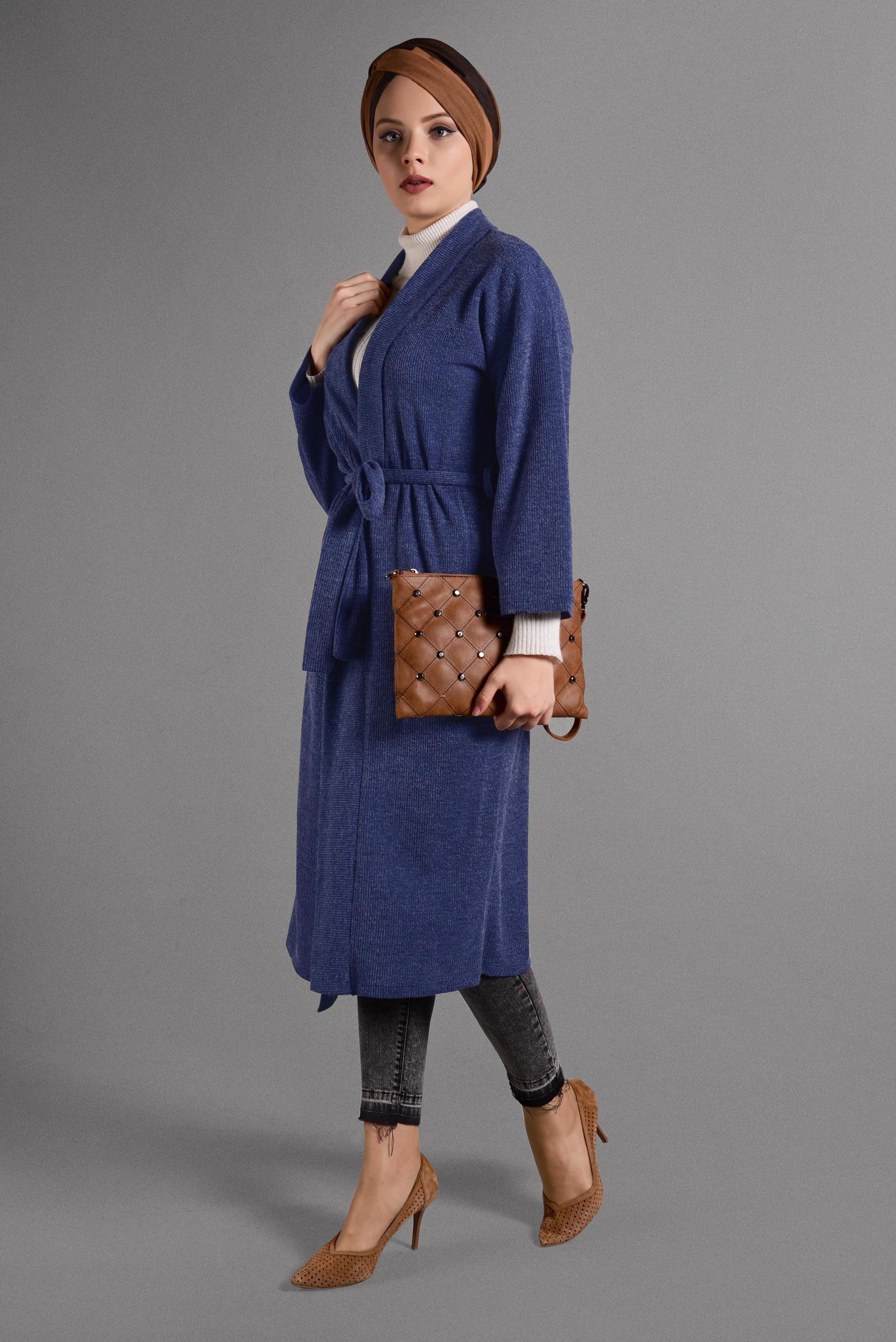 Tesettür giyim LACİVERT KUŞAKLI SALAŞ TRİKO CEKET 4052