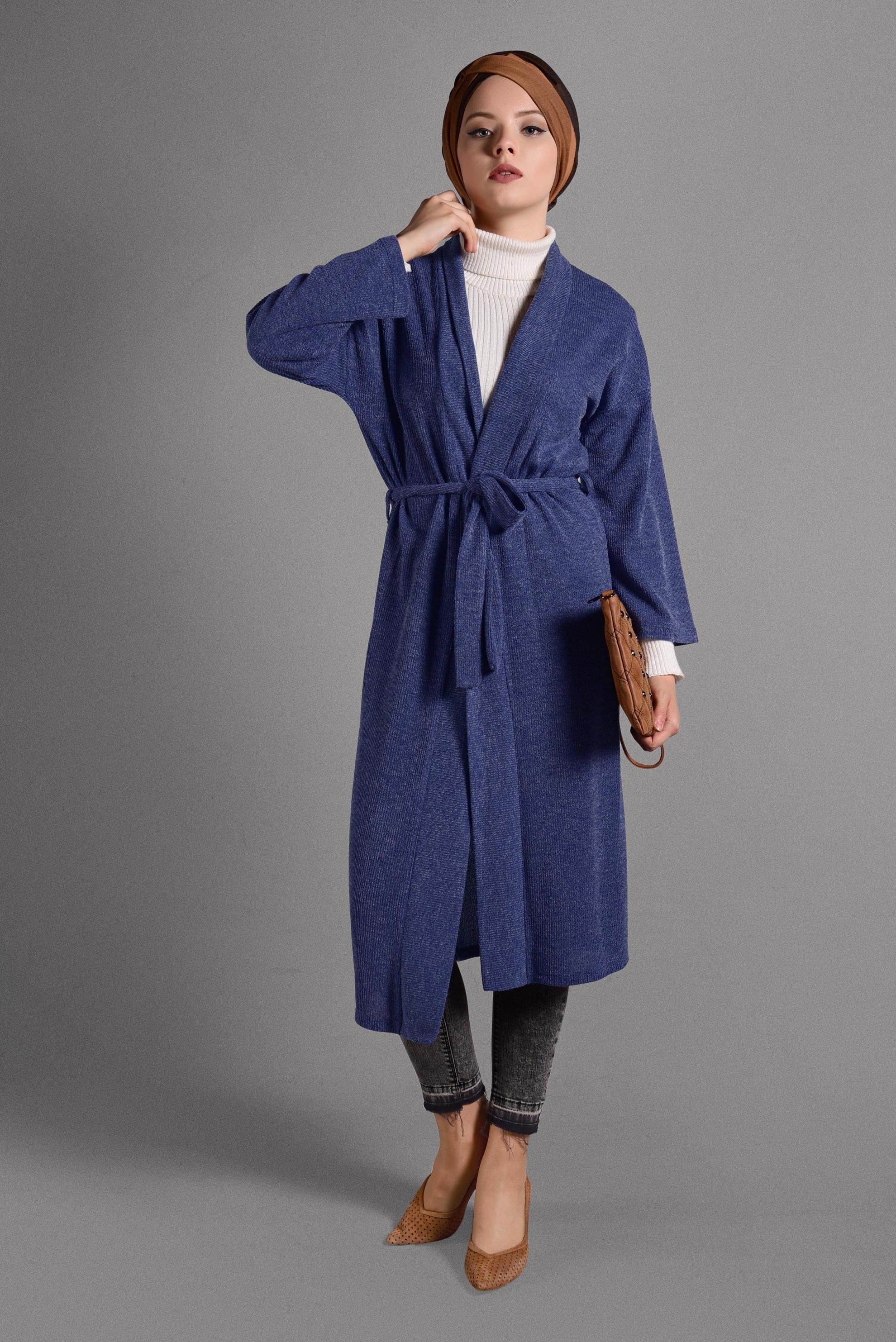 Tesettür giyim LACİVERT KUŞAKLI SALAŞ TRİKO CEKET 4052