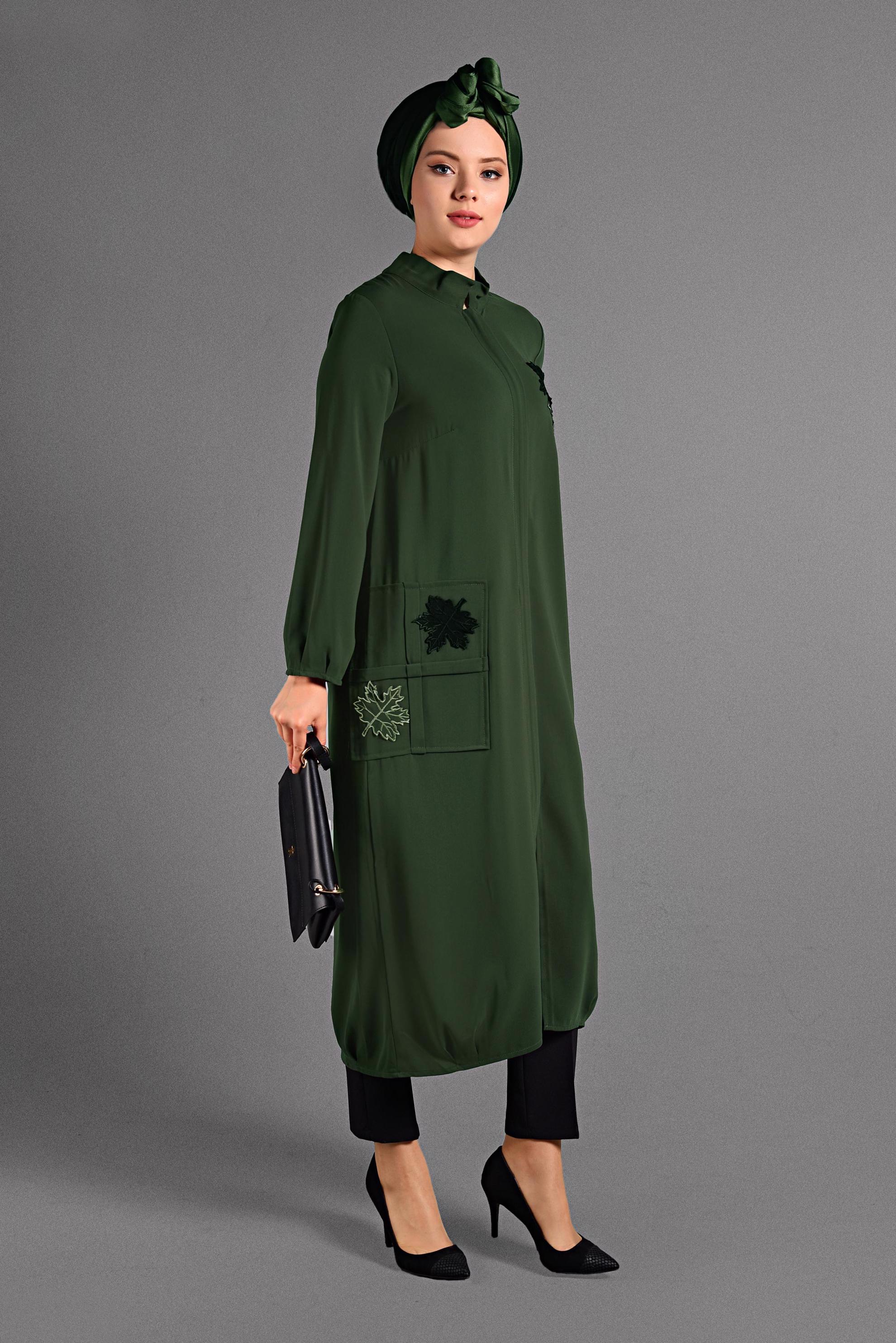 Tesettür giyim HAKİ ARMA DETAYLI UZUN CEKET 4053