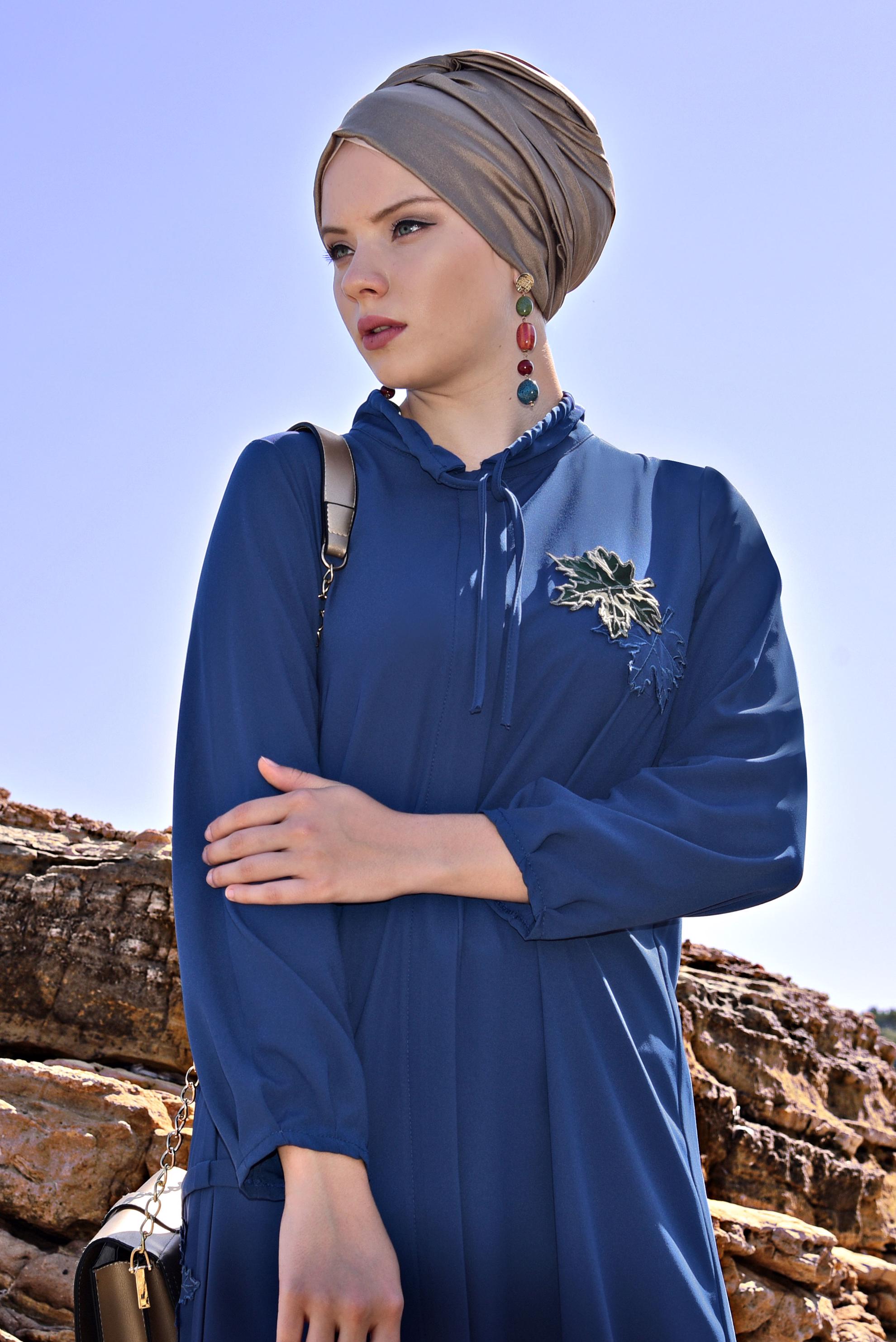 Tesettür giyim LACİVERT ARMA DETAYLI UZUN CEKET 4053