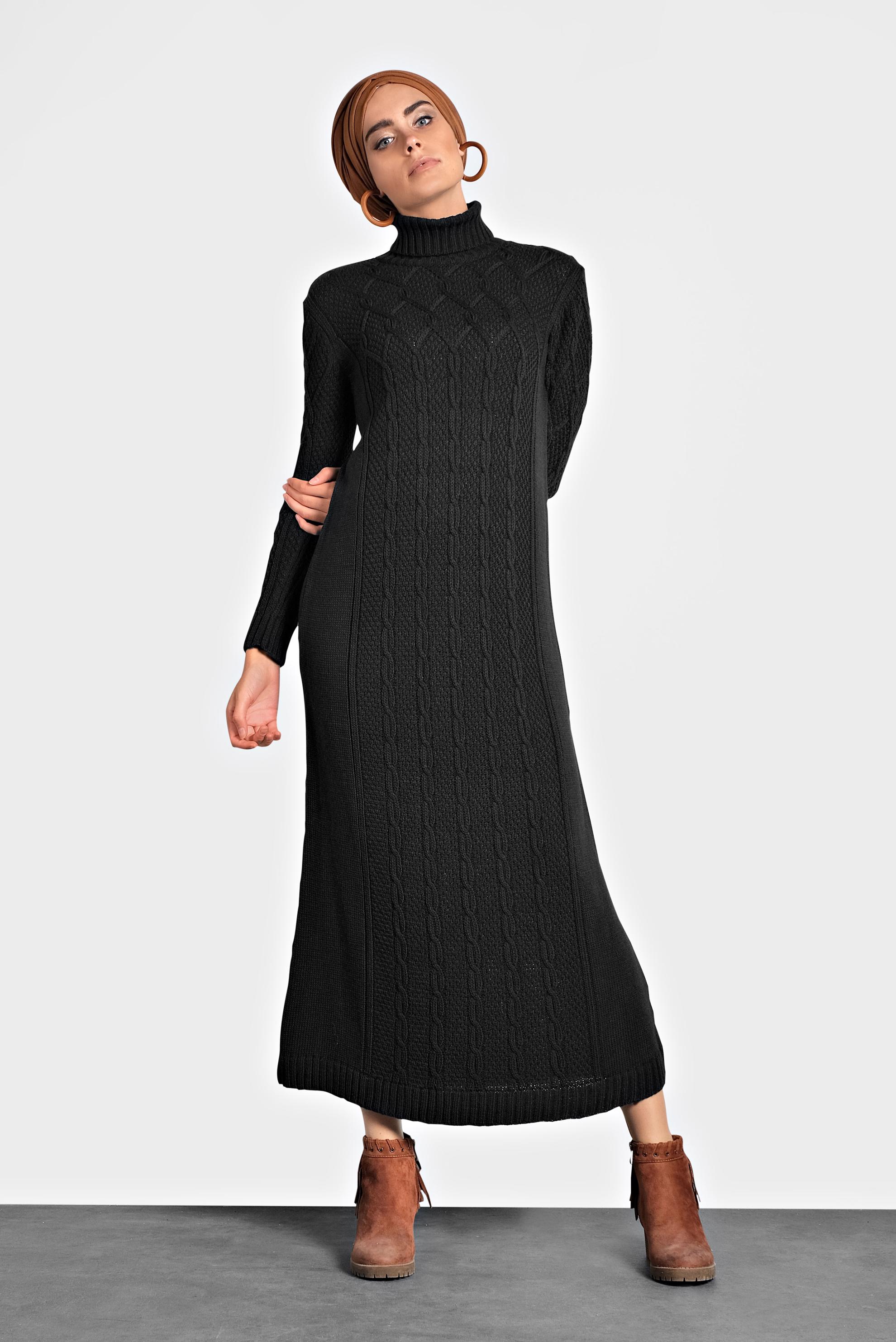 Tesettür giyim SİYAH BALIKÇI YAKA ÖRGÜ TRİKO ELBİSE 40078 